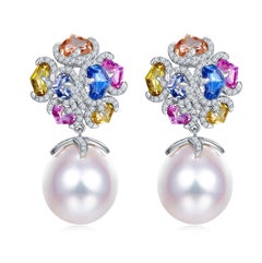 Eostre Fancy Sapphire, Diamond and South Sea Pearl White Gold Earring