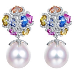 Eostre Fancy Sapphire, Diamond and South Sea Pearl White Gold Earring 