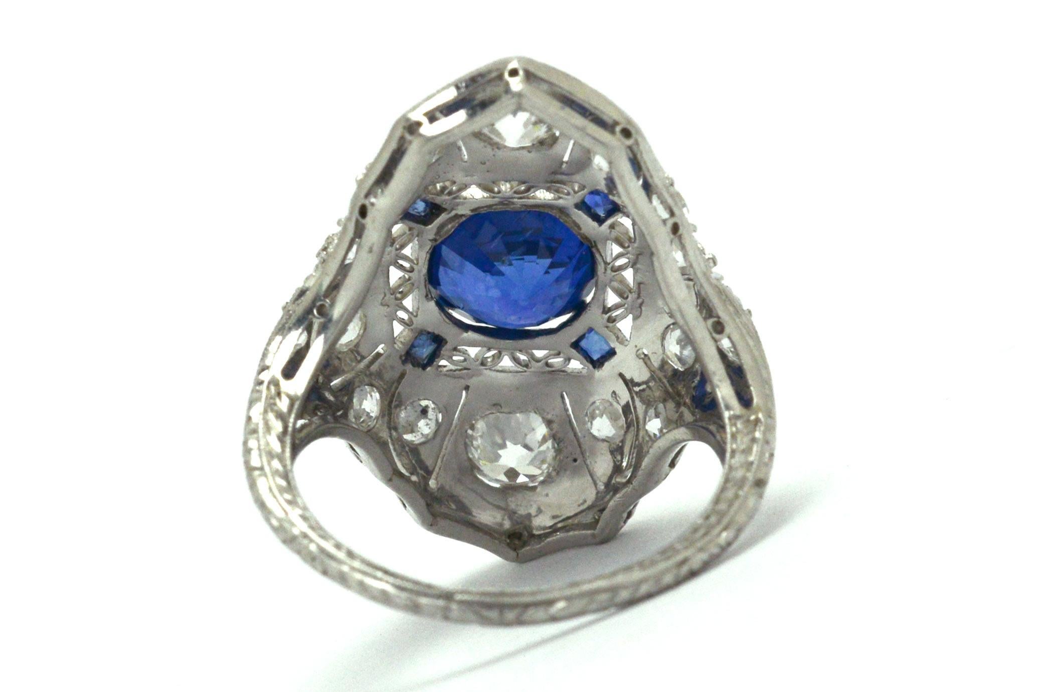 Round Cut Filigree Antique Sapphire Engagement Ring Cocktail Art Deco Edwardian Platinum 