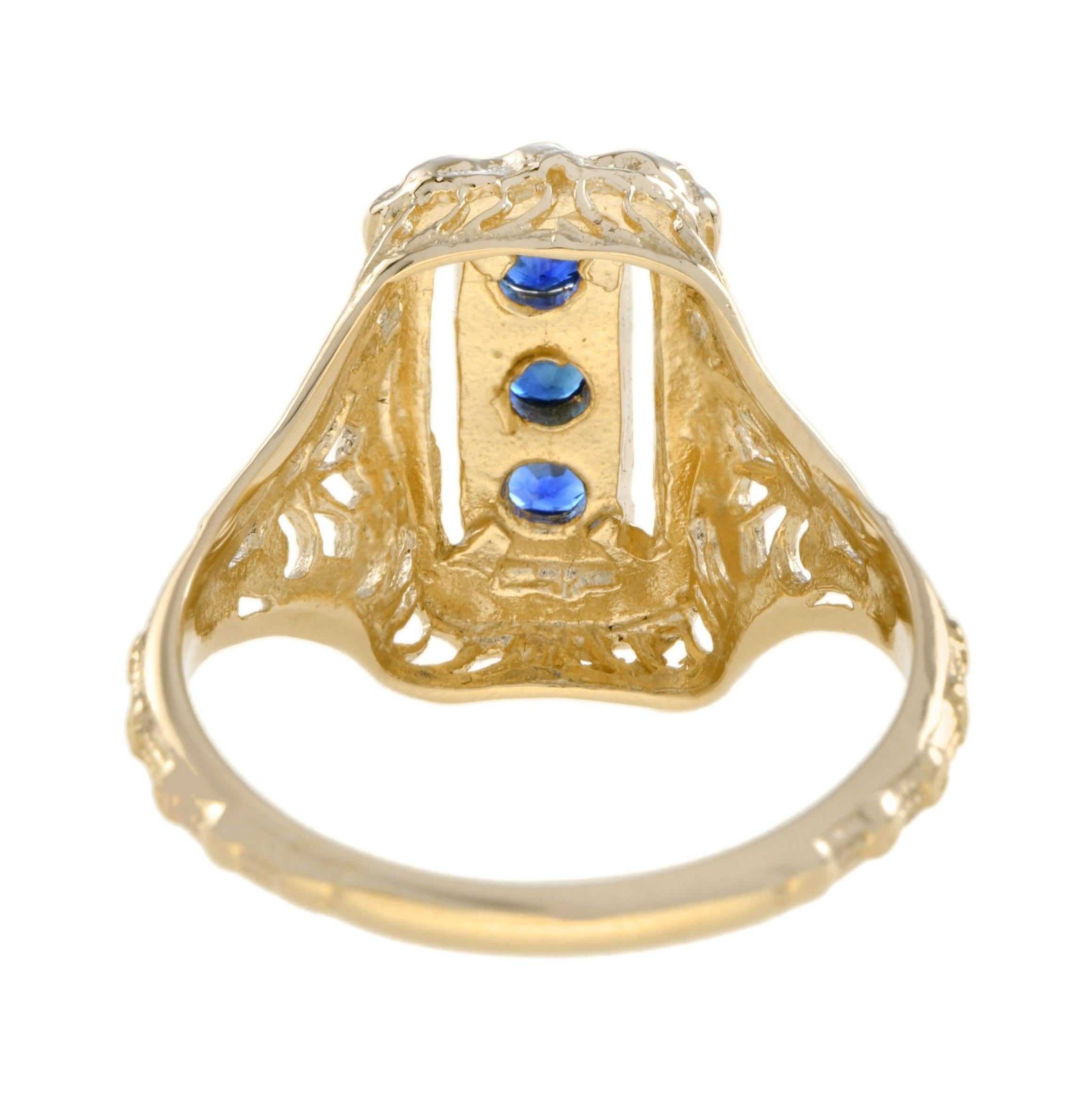 Art Deco Sapphire Filigree Three Stone Ring in Solid 14K Yellow Gold For Sale