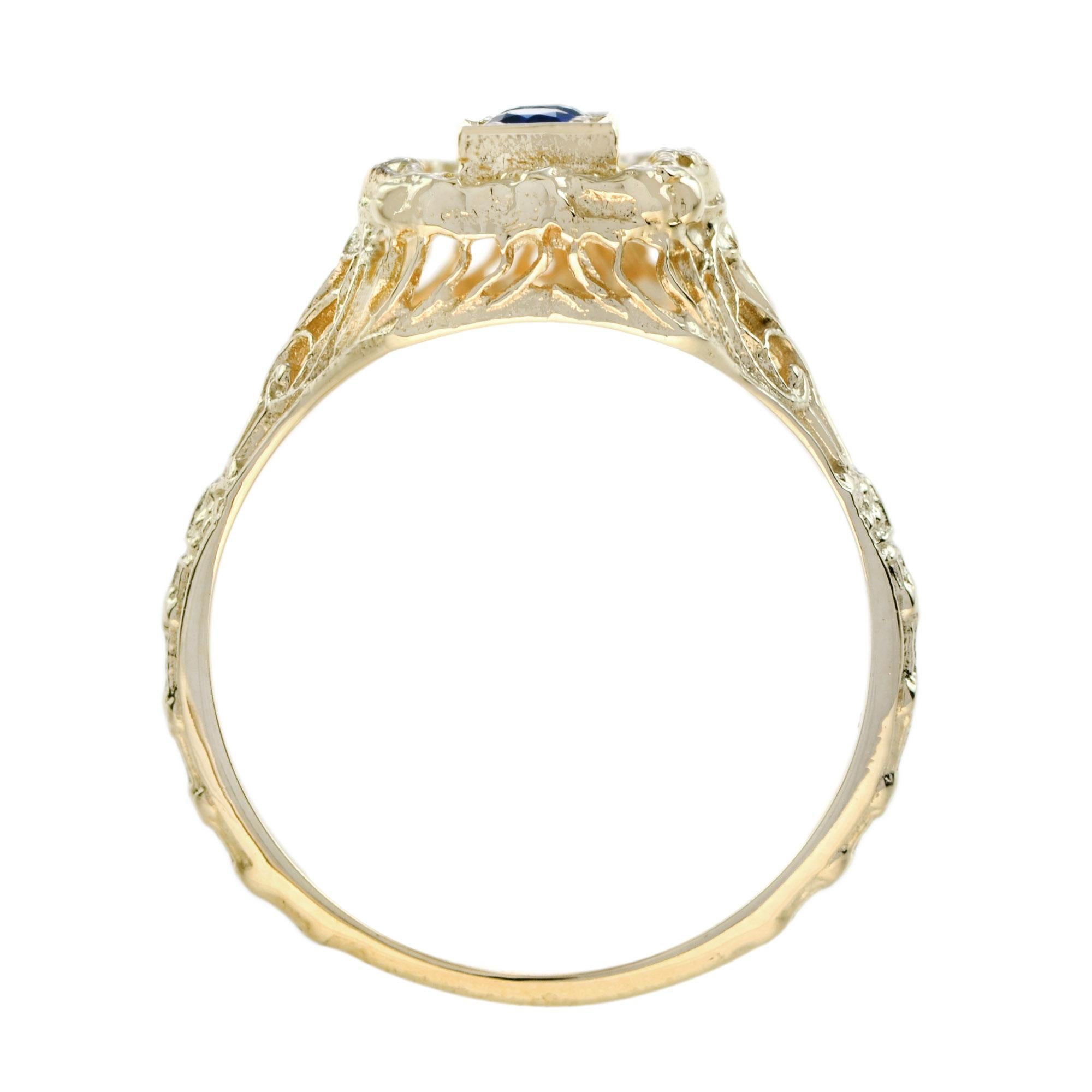 Round Cut Sapphire Filigree Three Stone Ring in Solid 14K Yellow Gold For Sale