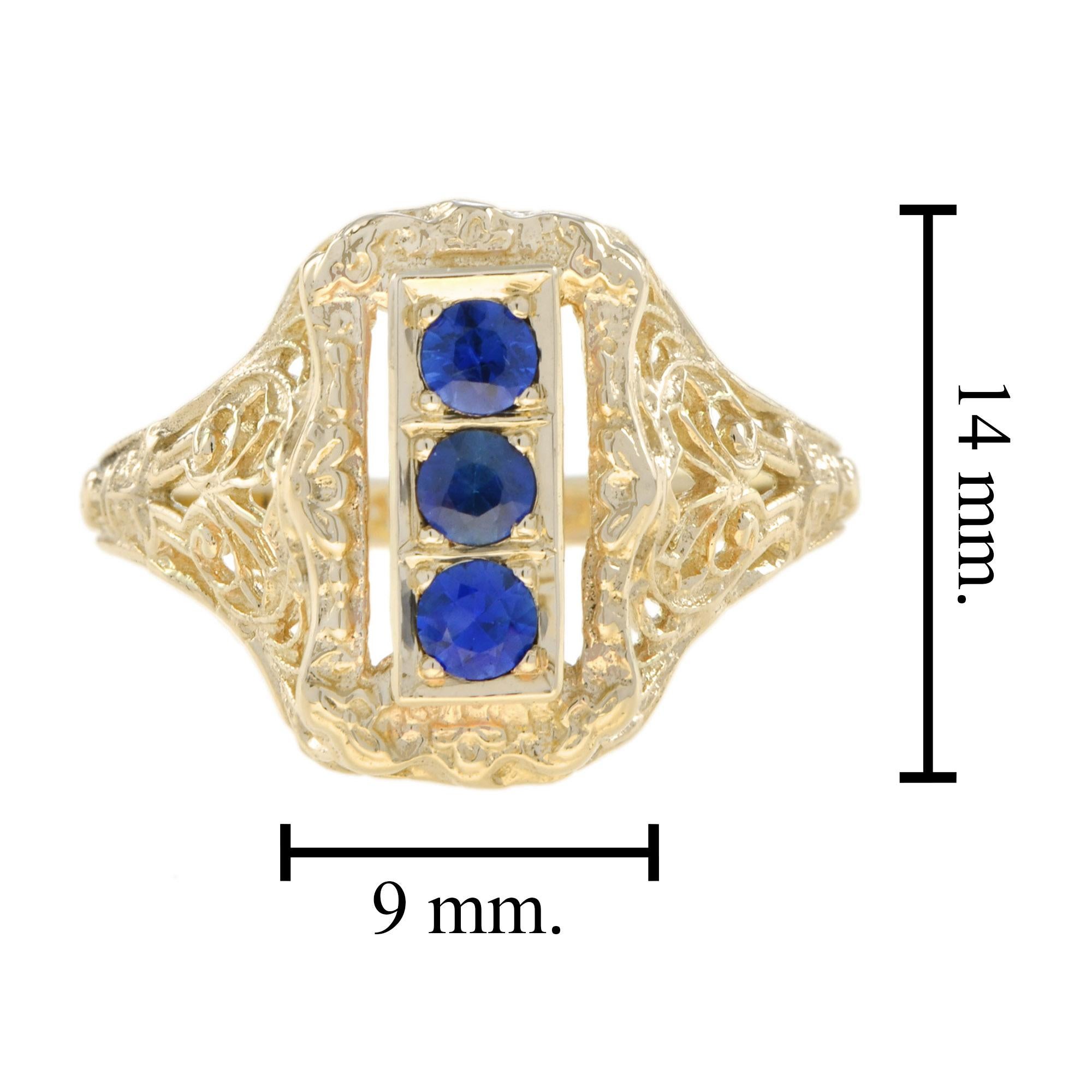 Sapphire Filigree Three Stone Ring in Solid 14K Yellow Gold In New Condition For Sale In Bangkok, TH