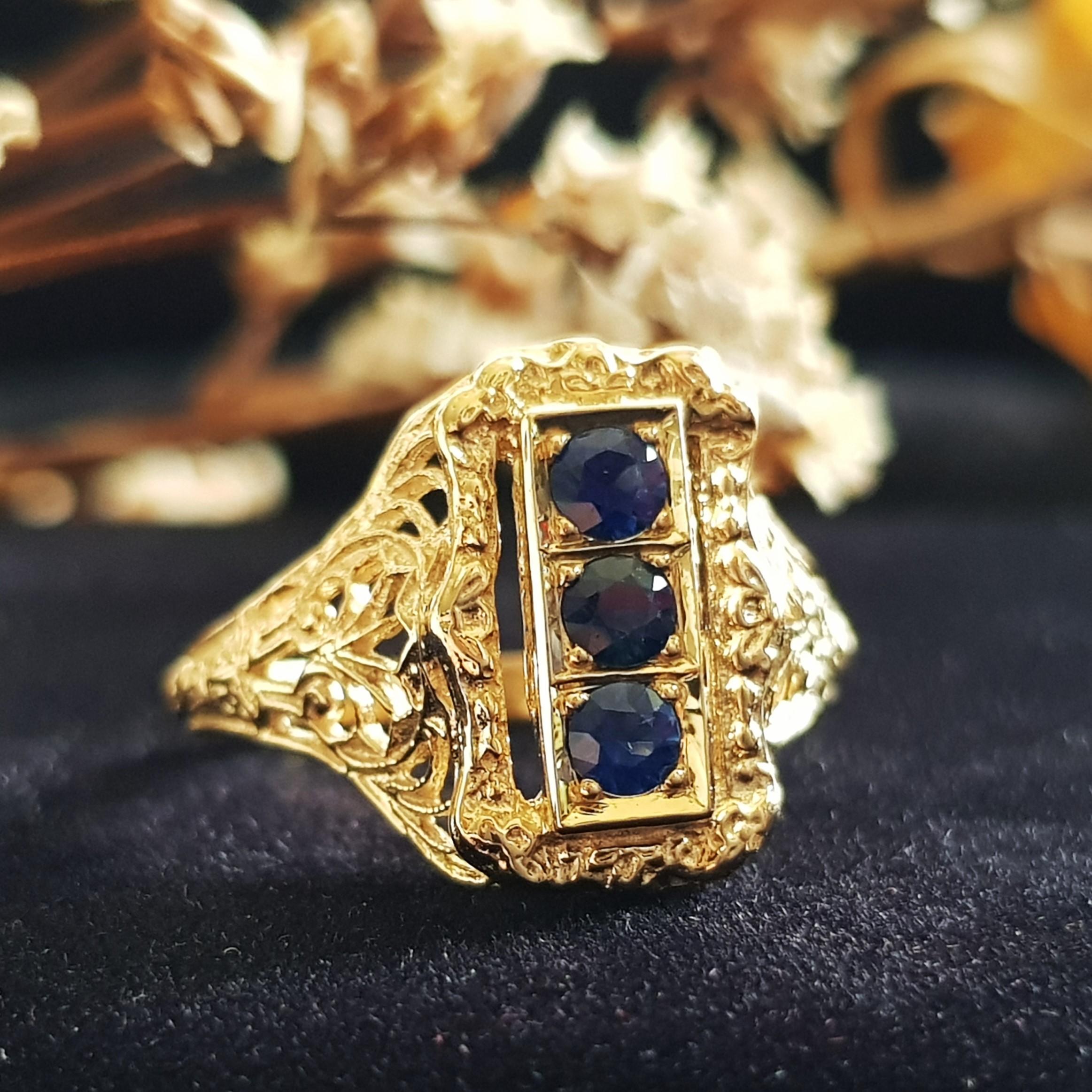 Women's Sapphire Filigree Three Stone Ring in Solid 14K Yellow Gold For Sale