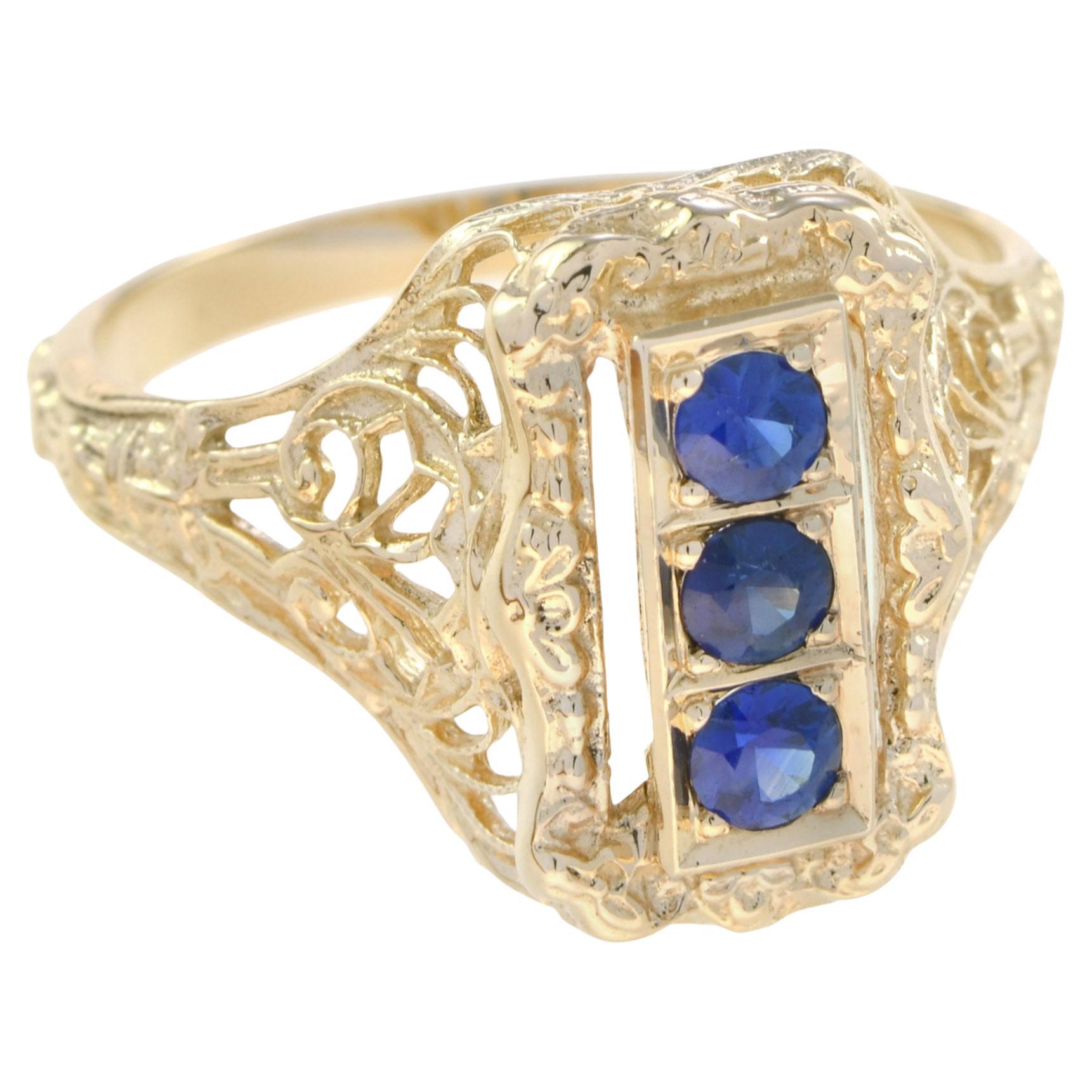 Sapphire Filigree Three Stone Ring in Solid 14K Yellow Gold For Sale
