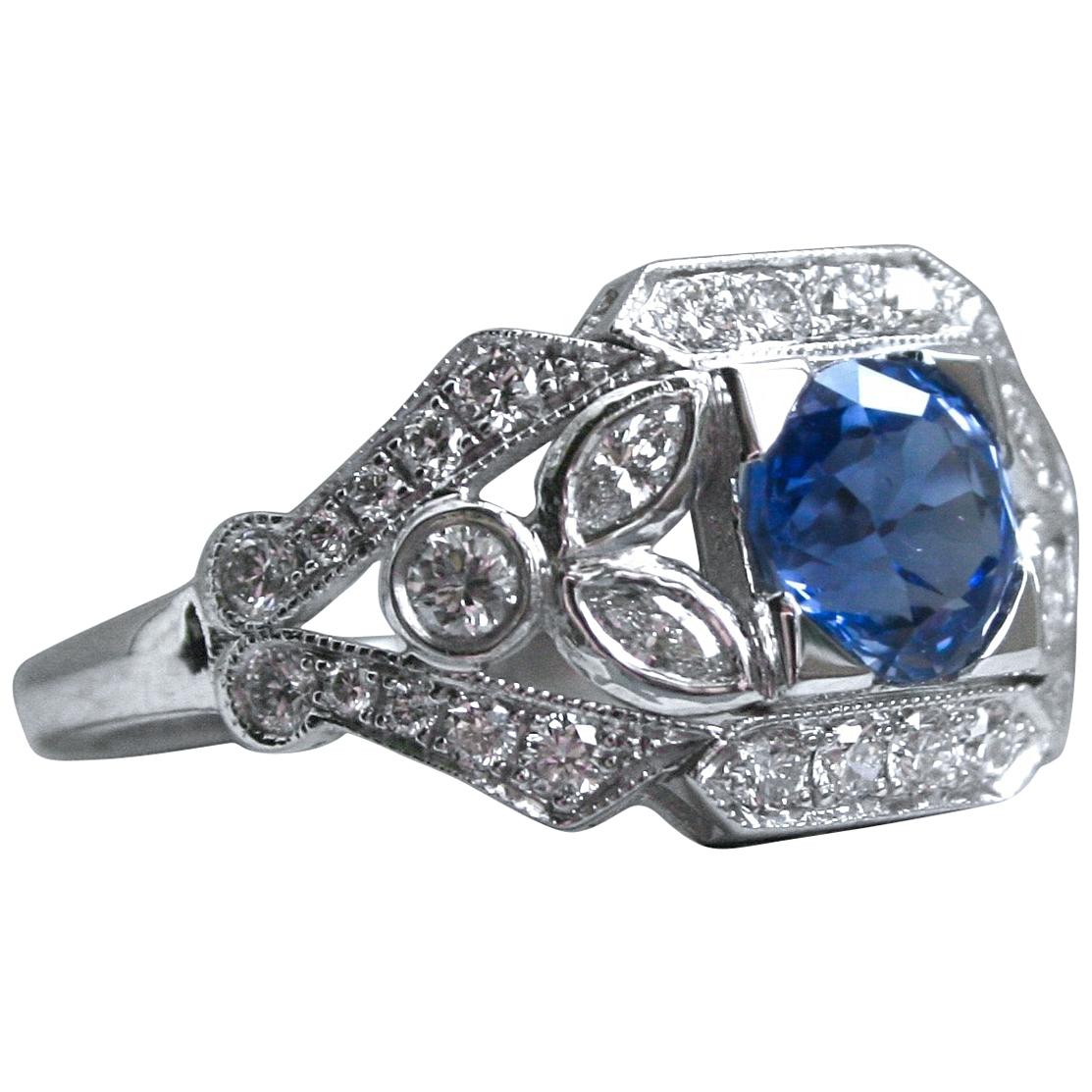 Sapphire Floral Diamond Ring Engagement Ring Wedding Ring in 14 Karat White Gold
