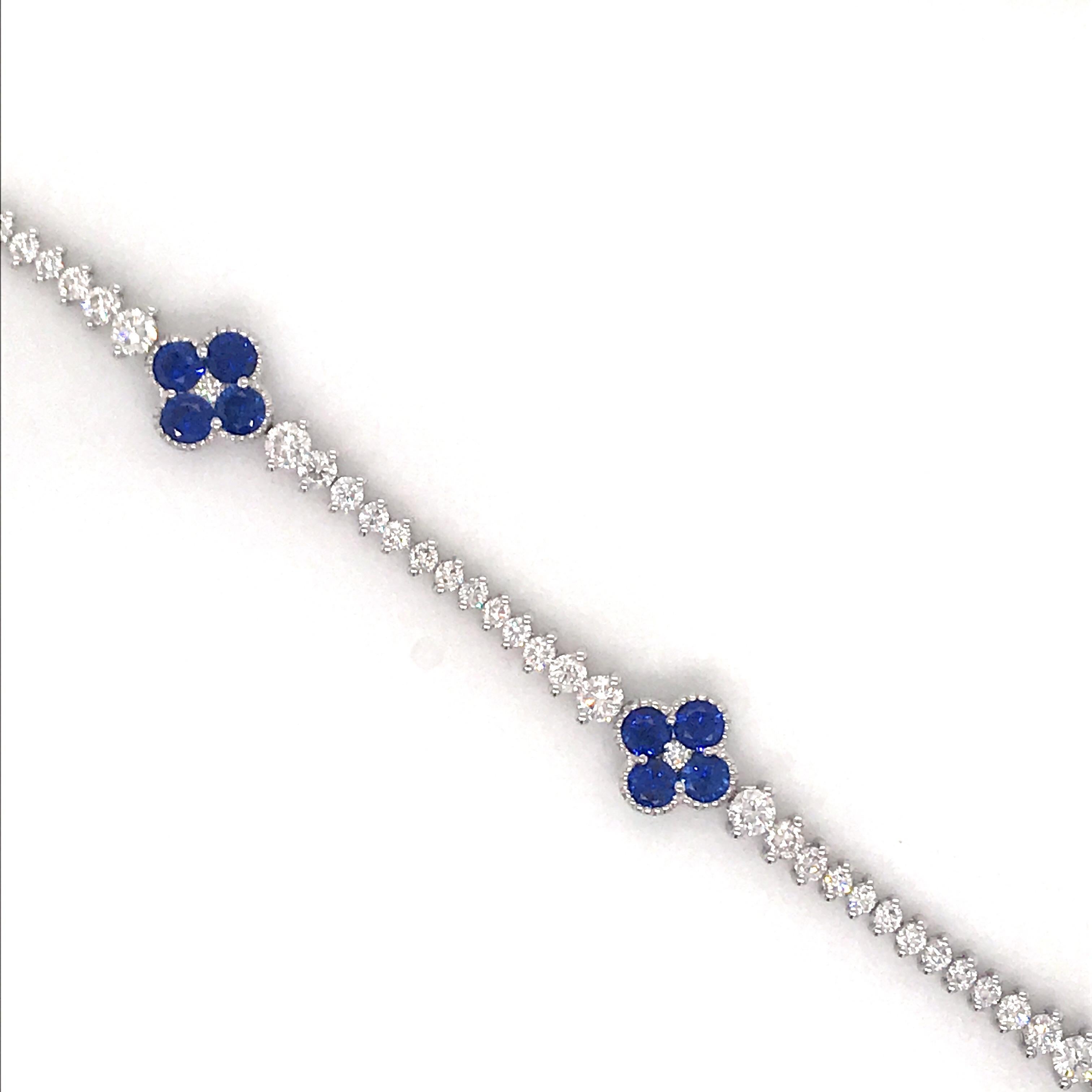 Contemporary Sapphire Floral Diamond Tennis Bracelet 4.90 Carat 18 Karat White Gold