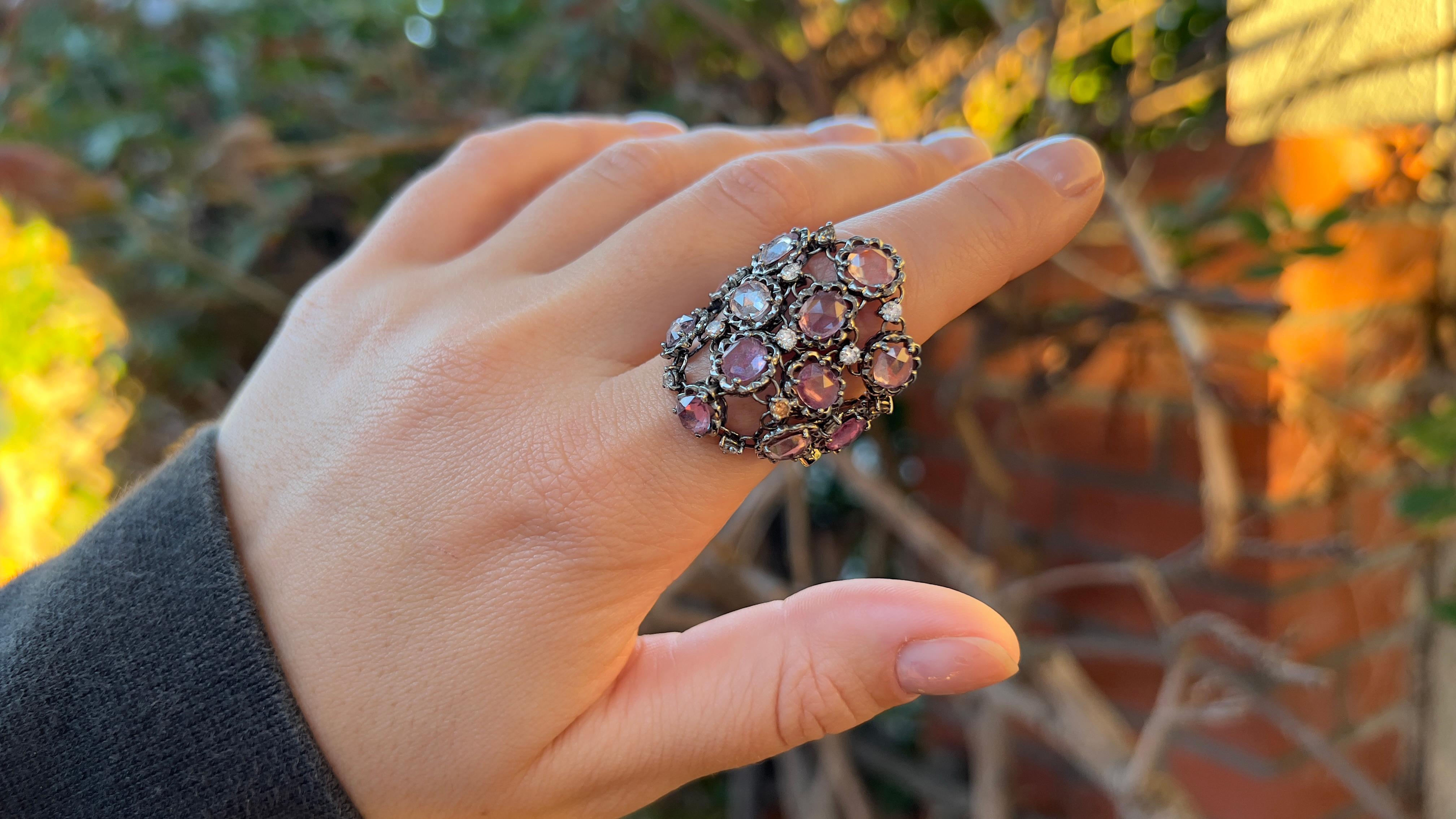 Rose Cut Sapphire Floral Ring With Diamonds 8.35 Carats 18K White Gold For Sale