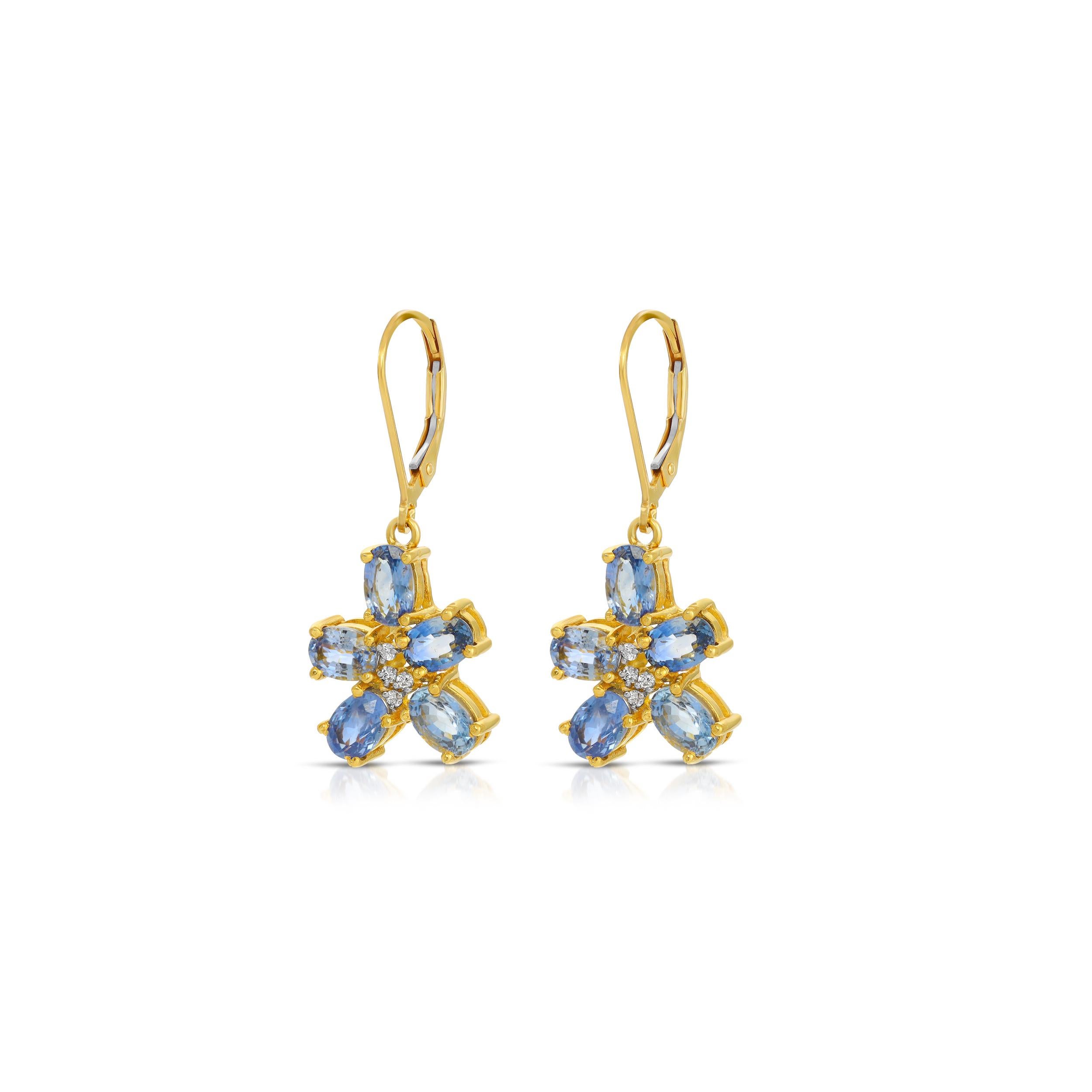 Modern Sapphire Flower Diamond Drop Earrings For Sale