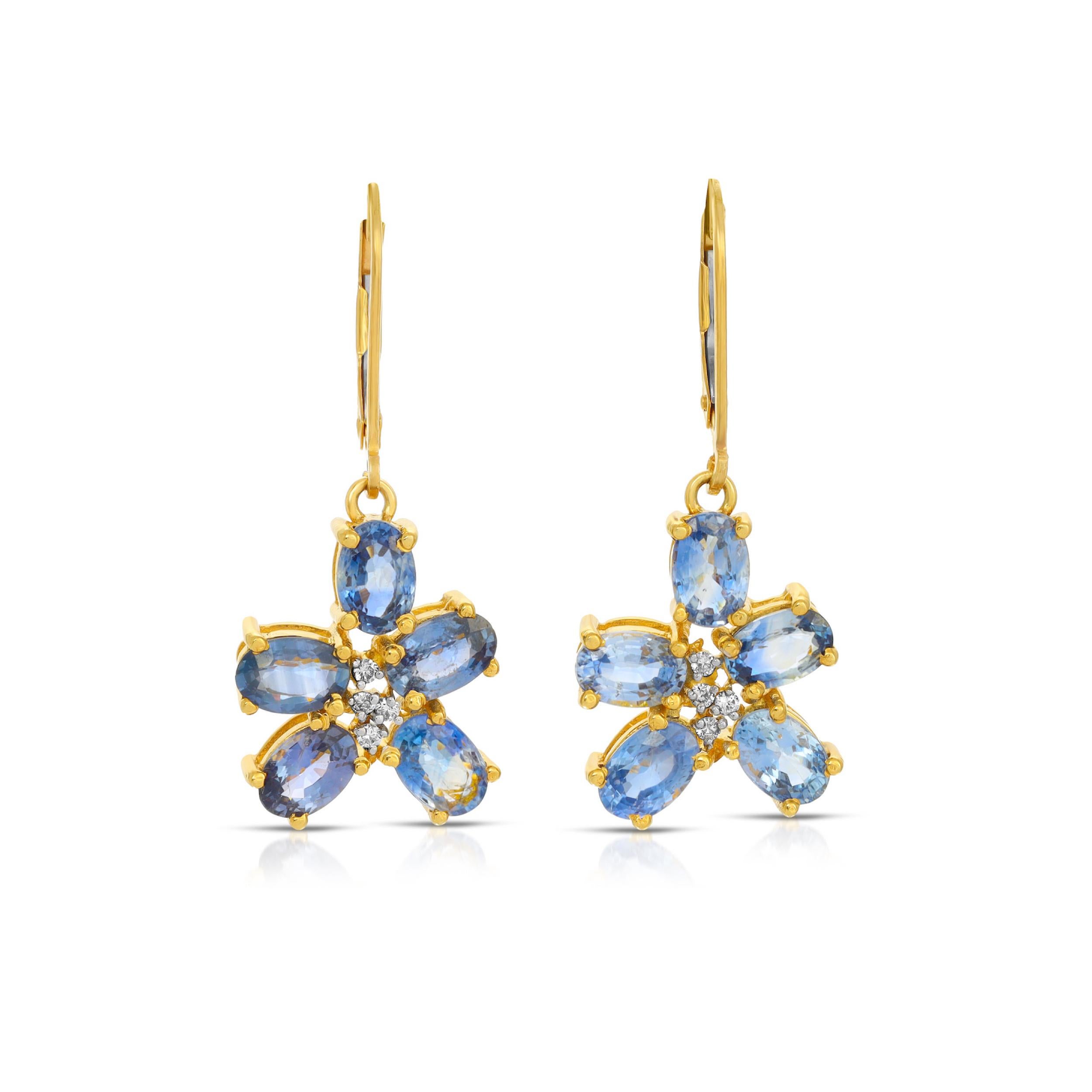 Mixed Cut Sapphire Flower Diamond Drop Earrings For Sale