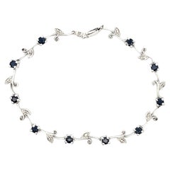 Sapphire Flower Diamond Leaf Bracelet in 14k White Gold