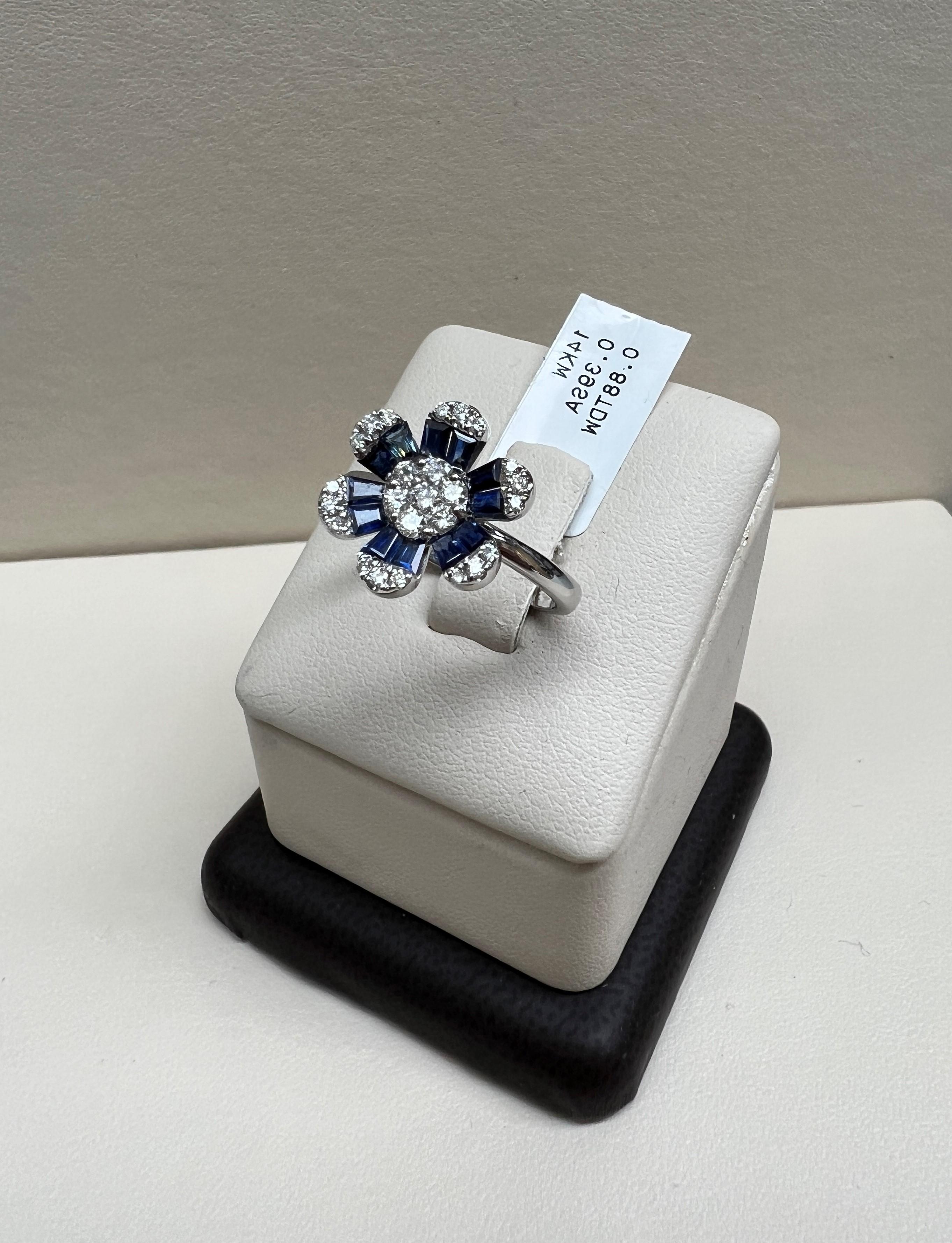 Baguette Cut Sapphire Flower Diamond Ring 14K White Gold For Sale