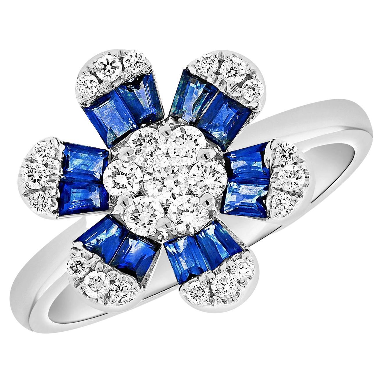 Sapphire Flower Diamond Ring 14K White Gold For Sale