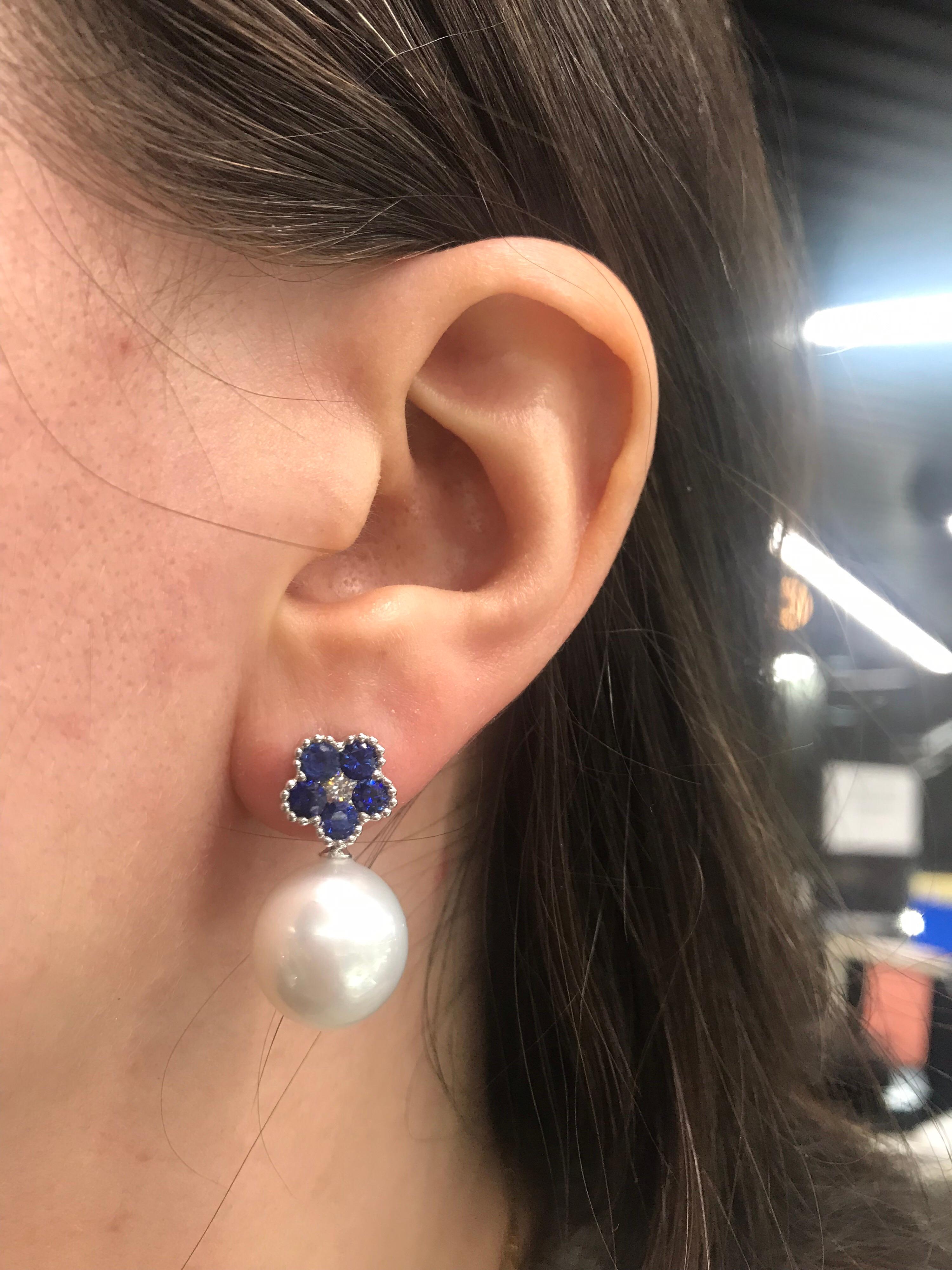Sapphire Flower Diamond South Sea Pearl Drop Earrings 1.96 Carat 18 Karat For Sale 2