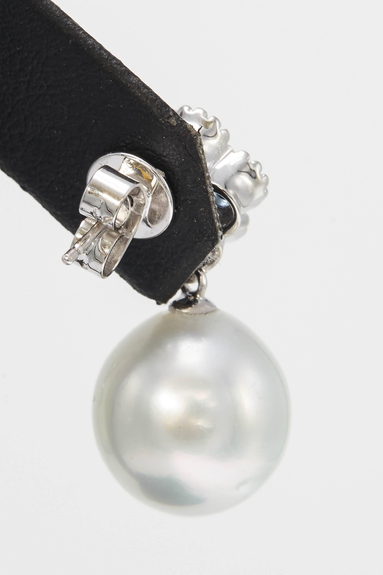 Contemporary Day & Night Sapphire Diamond Floral South Sea Pearl Drop Earrings 1.96 Carats For Sale