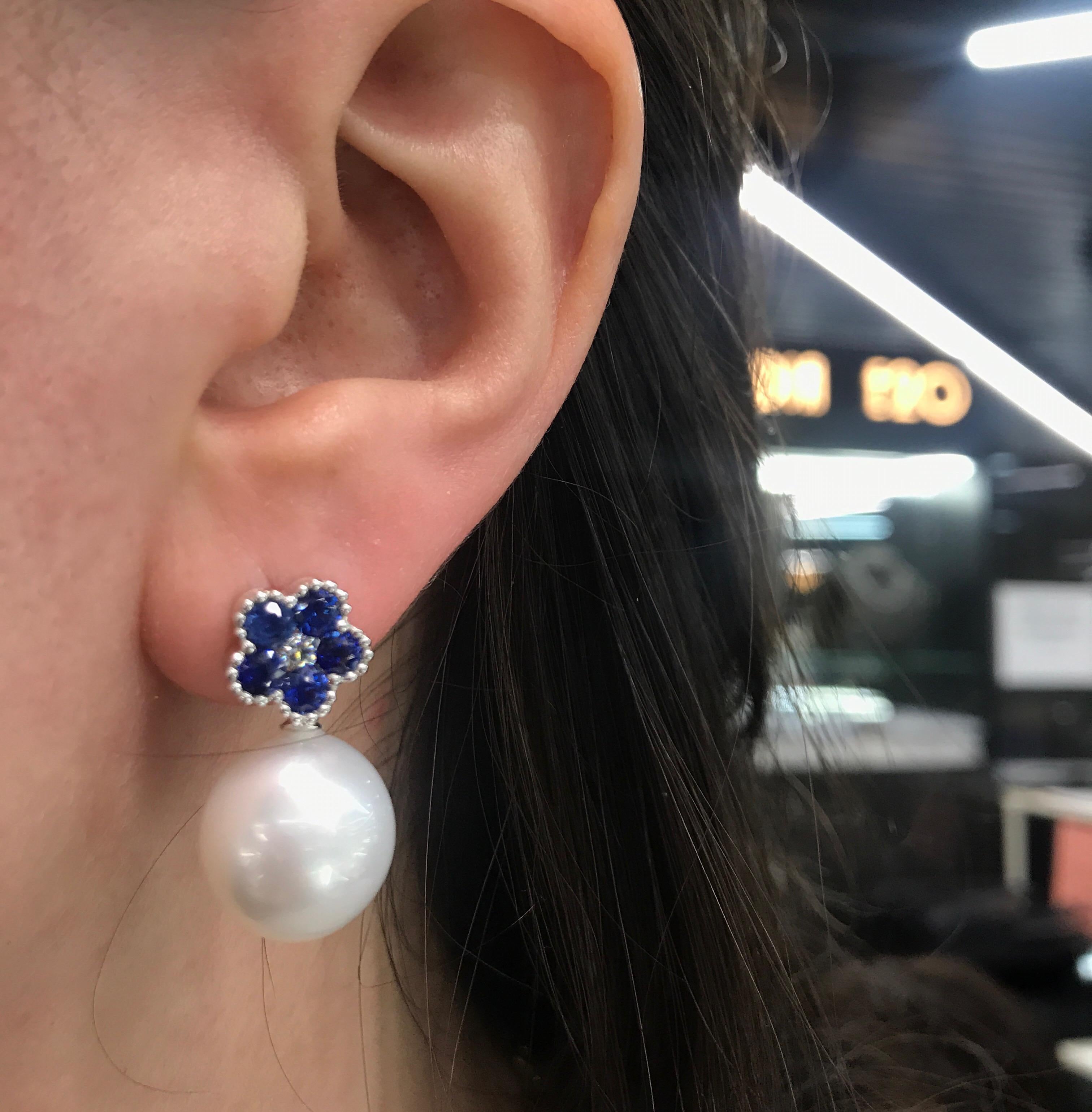 Round Cut Sapphire Flower Diamond South Sea Pearl Drop Earrings 1.96 Carat 18 Karat For Sale