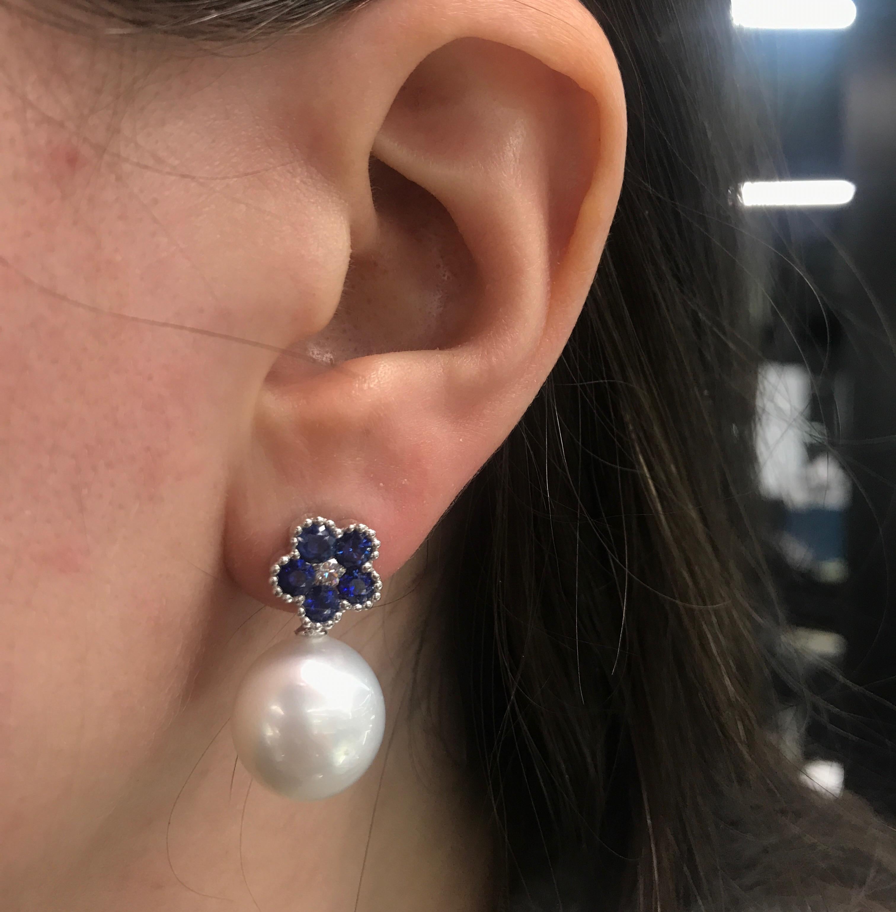 Sapphire Flower Diamond South Sea Pearl Drop Earrings 1.96 Carat 18 Karat In New Condition For Sale In New York, NY