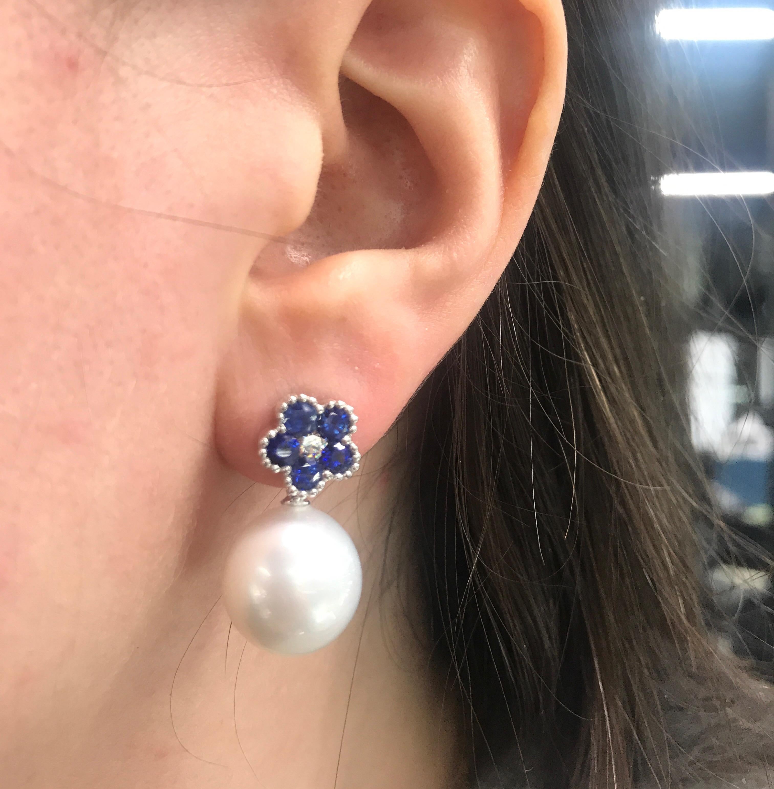 Women's Sapphire Flower Diamond South Sea Pearl Drop Earrings 1.96 Carat 18 Karat For Sale