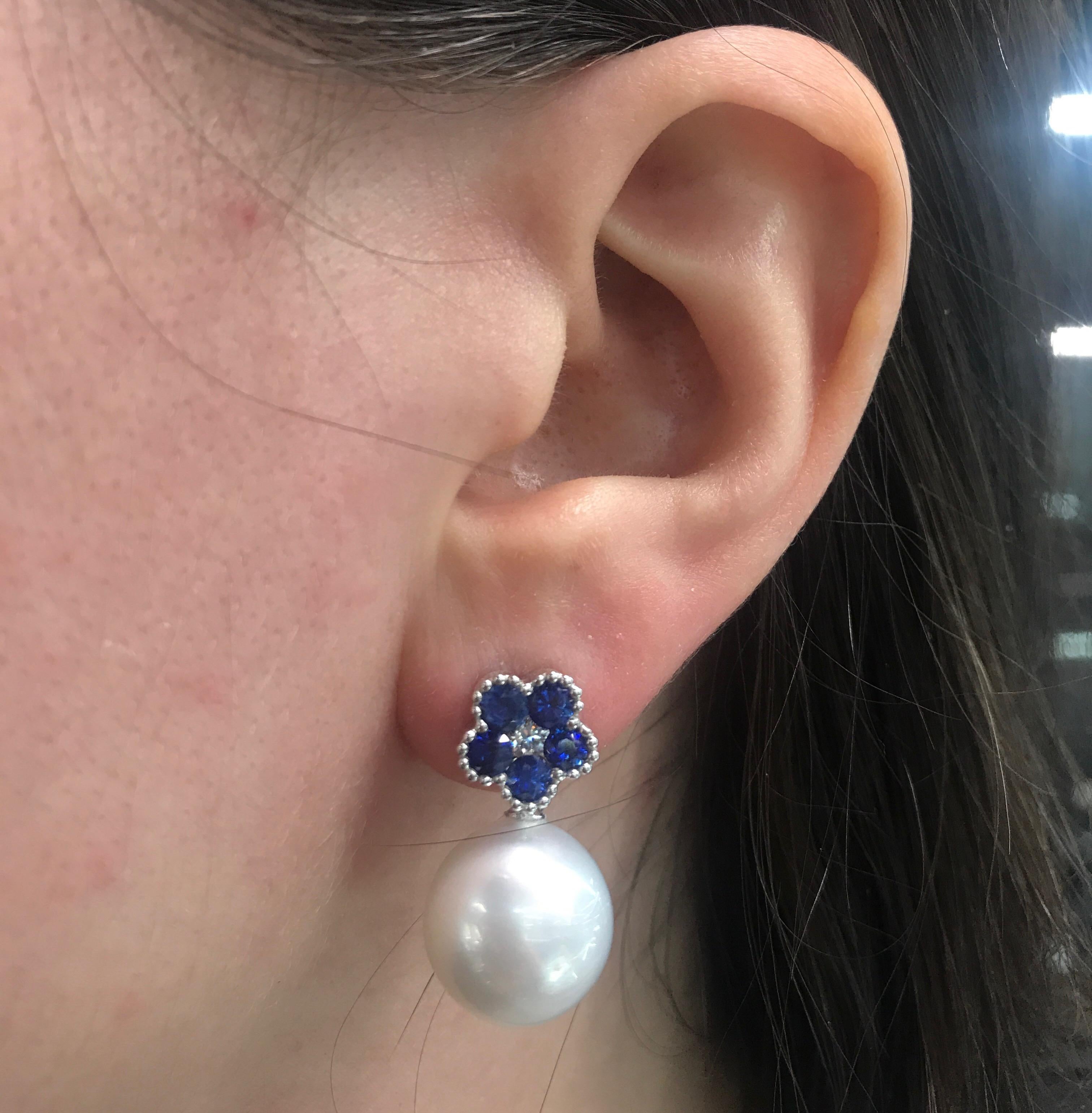 Sapphire Flower Diamond South Sea Pearl Drop Earrings 1.96 Carat 18 Karat For Sale 1