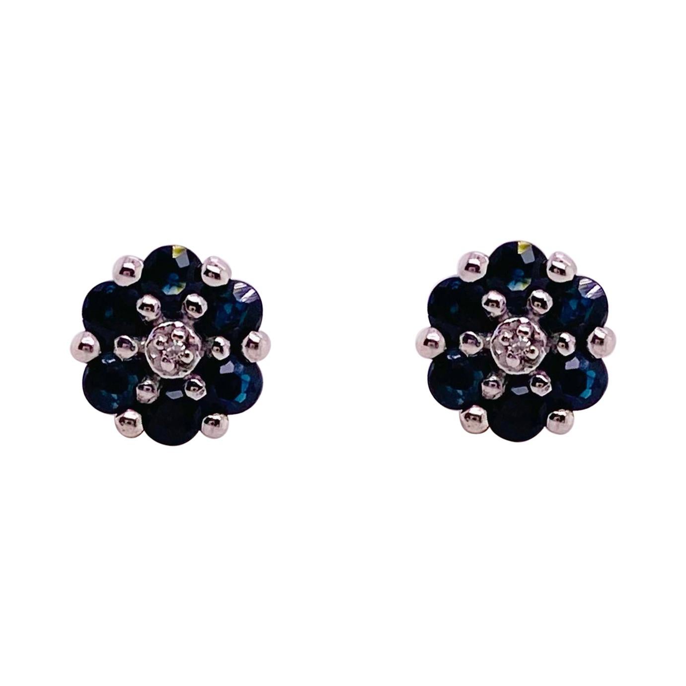 Sapphire Flower Earrings with Diamonds in Center, Blue Sapphire Cluster Earrings For Sale