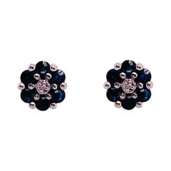 Sapphire Flower Earrings with Diamonds in Center, Blue Sapphire Cluster Earrings