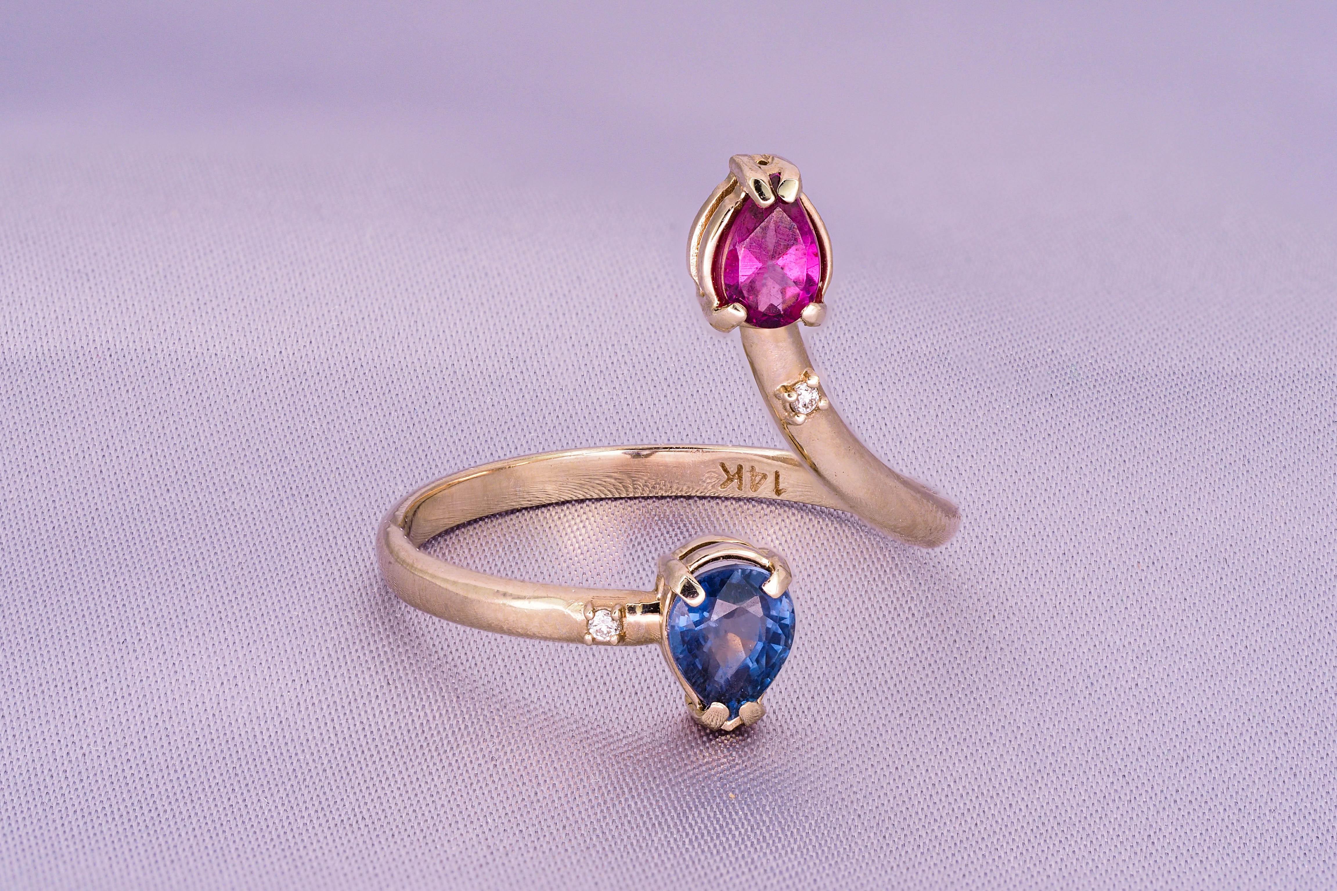 Modern Sapphire, garnet 14k gold ring.  For Sale