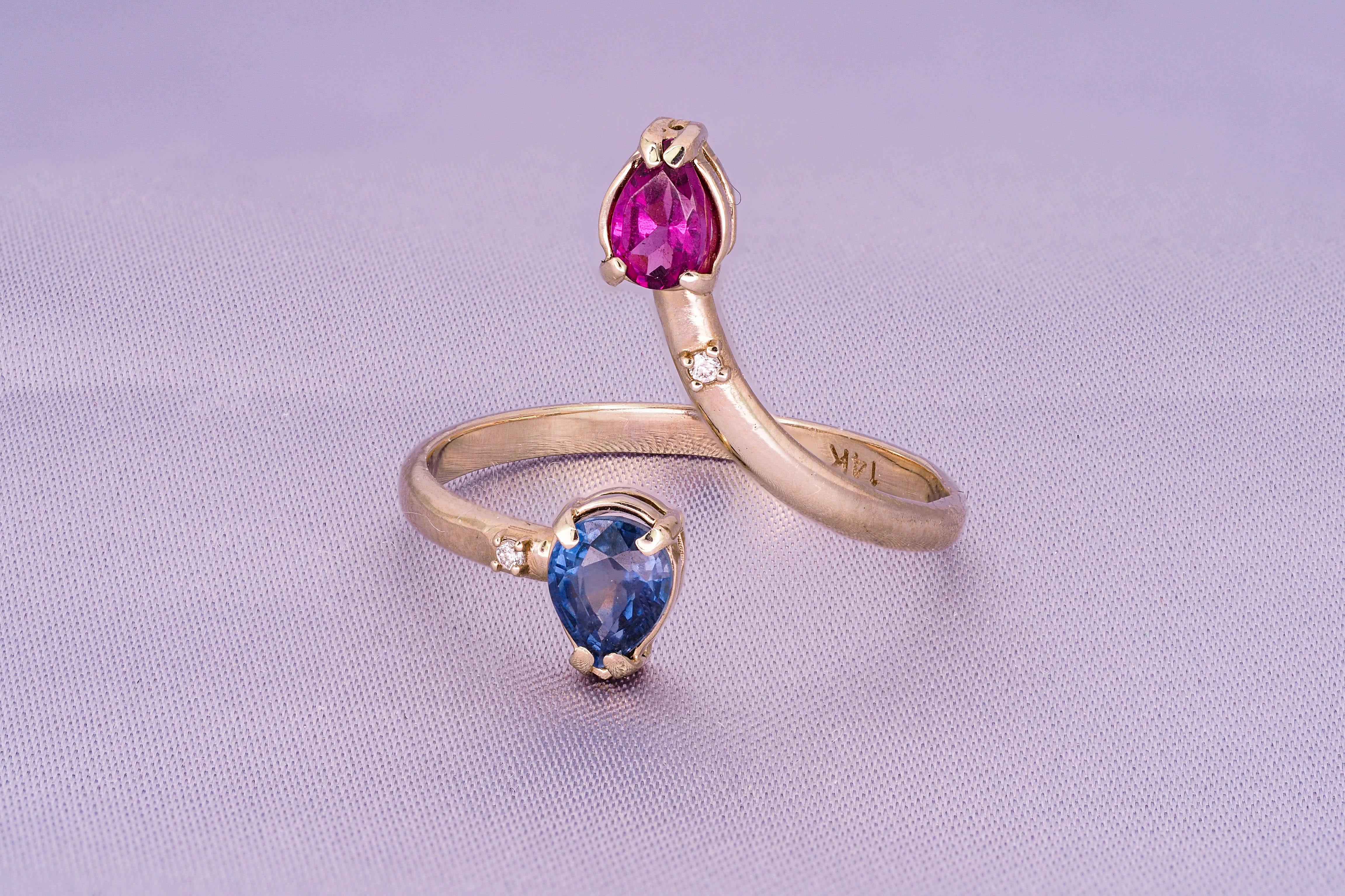 Pear Cut Sapphire, garnet 14k gold ring.  For Sale