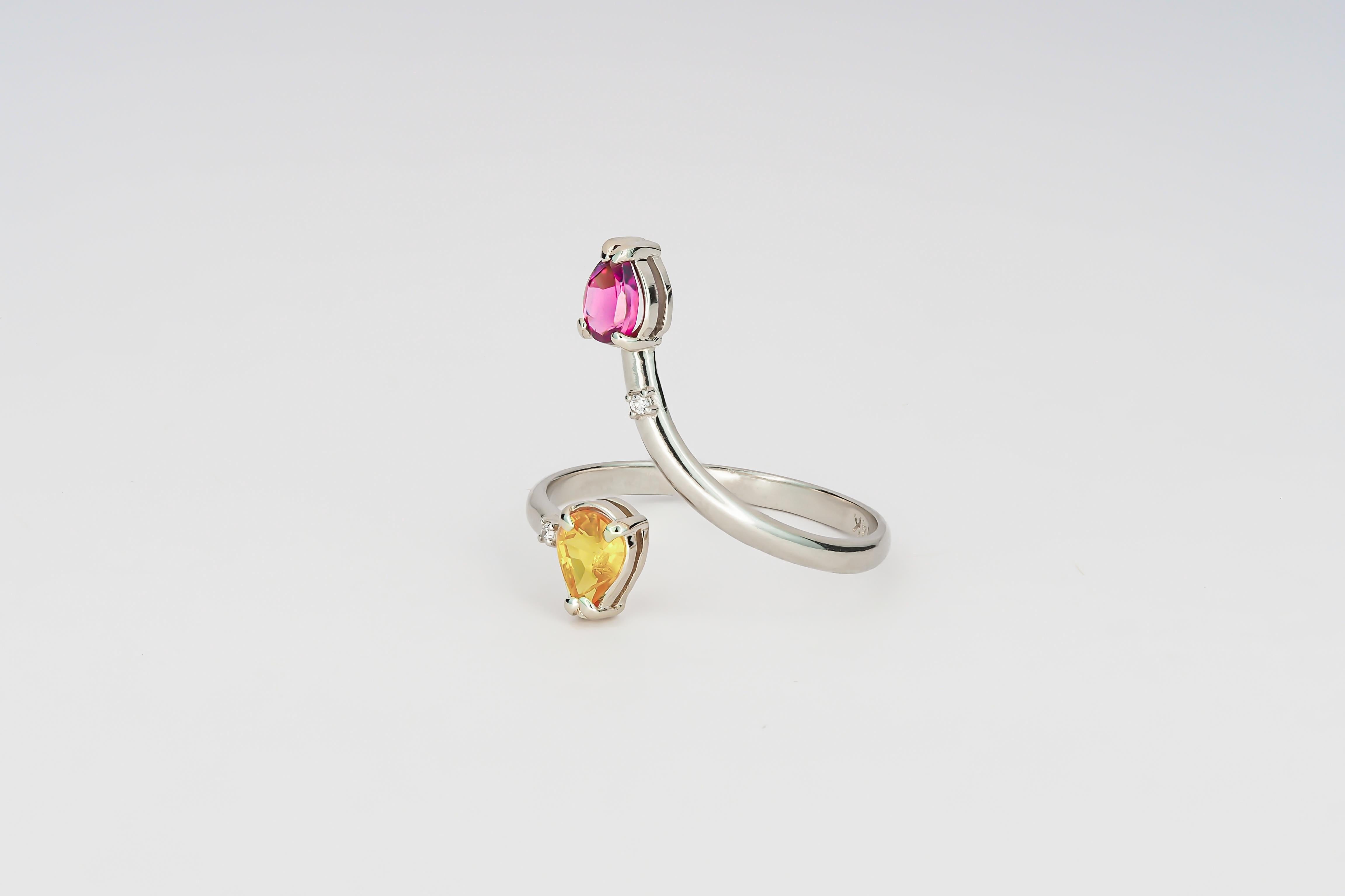 Pear Cut Sapphire, garnet 14k gold ring.  For Sale