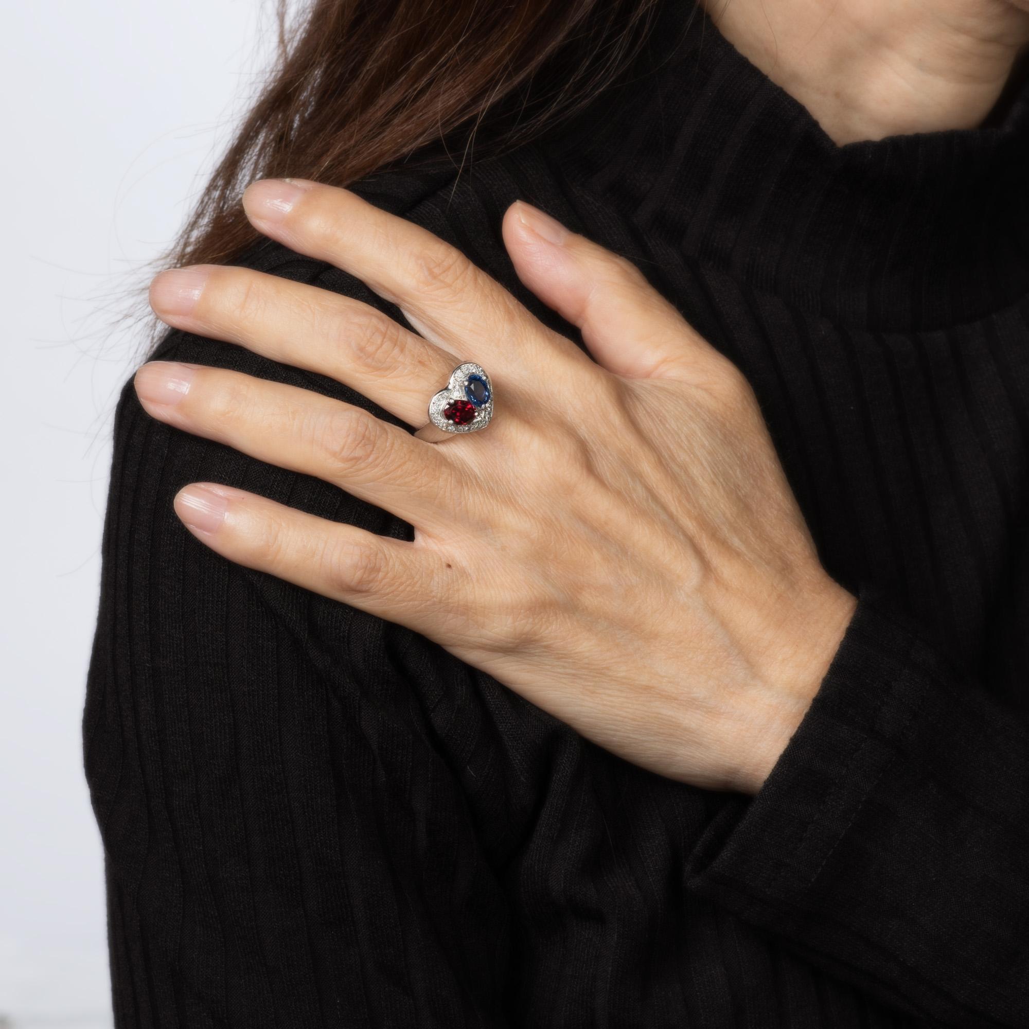 Donna Anello Cuore Zaffiro Granato Diamante Estate Jewelry 6 Platino Moi et Toi Fine Jewelry in vendita