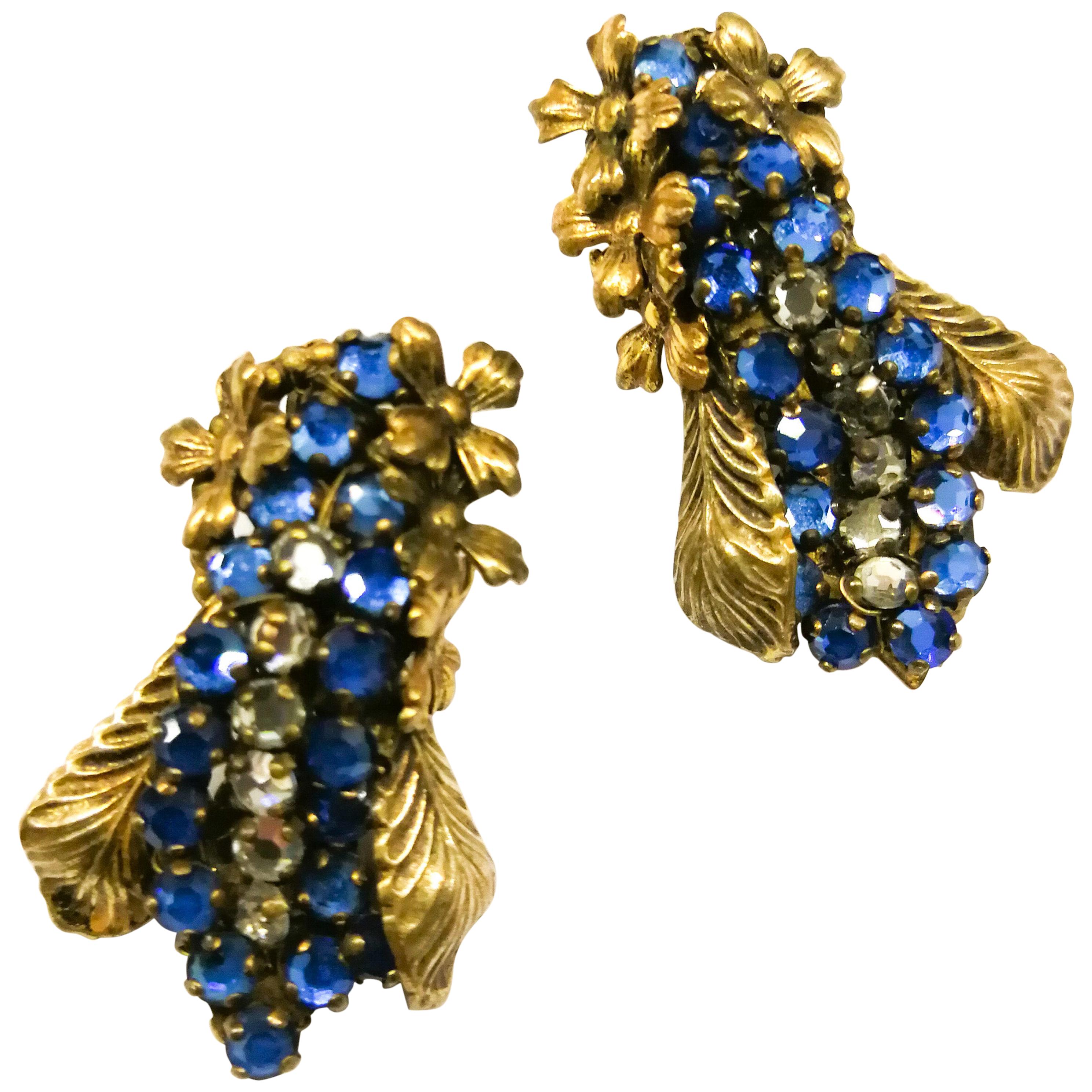 Sapphire glass pastes and gilt metal earrings, Miriam Haskell, 1950s