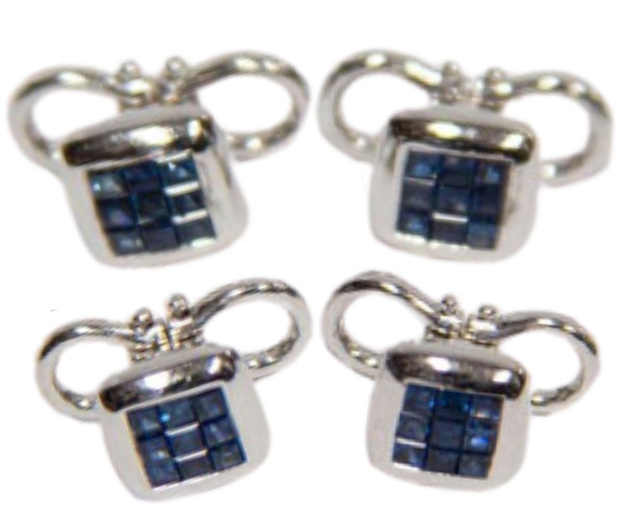 Square Cut Sapphire Gold Cufflink and Matching Shirt Stud Dress Set Estate Fine Jewelry