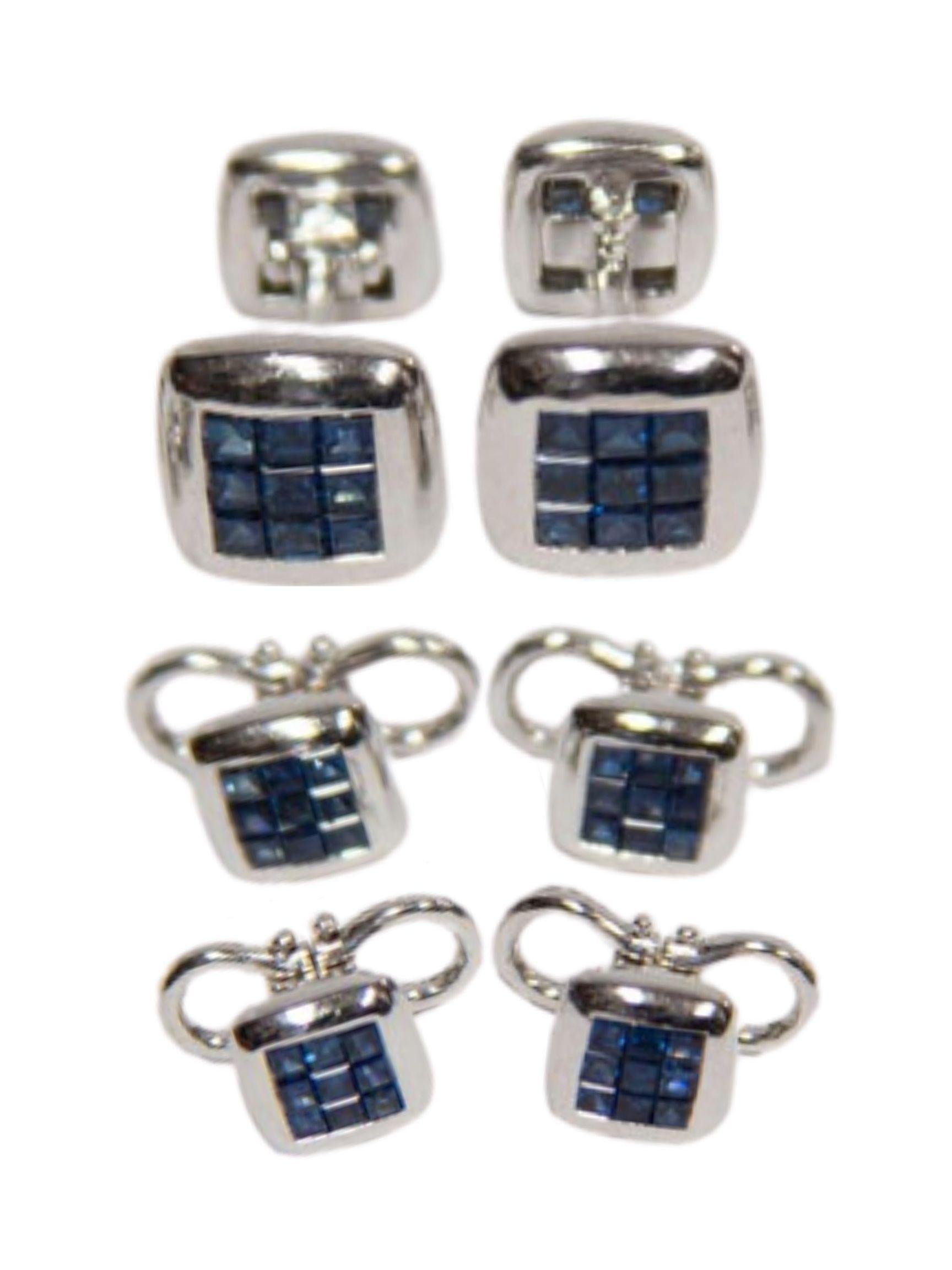 Sapphire Gold Cufflink and Matching Shirt Stud Dress Set Estate Fine Jewelry In Excellent Condition In Montreal, QC