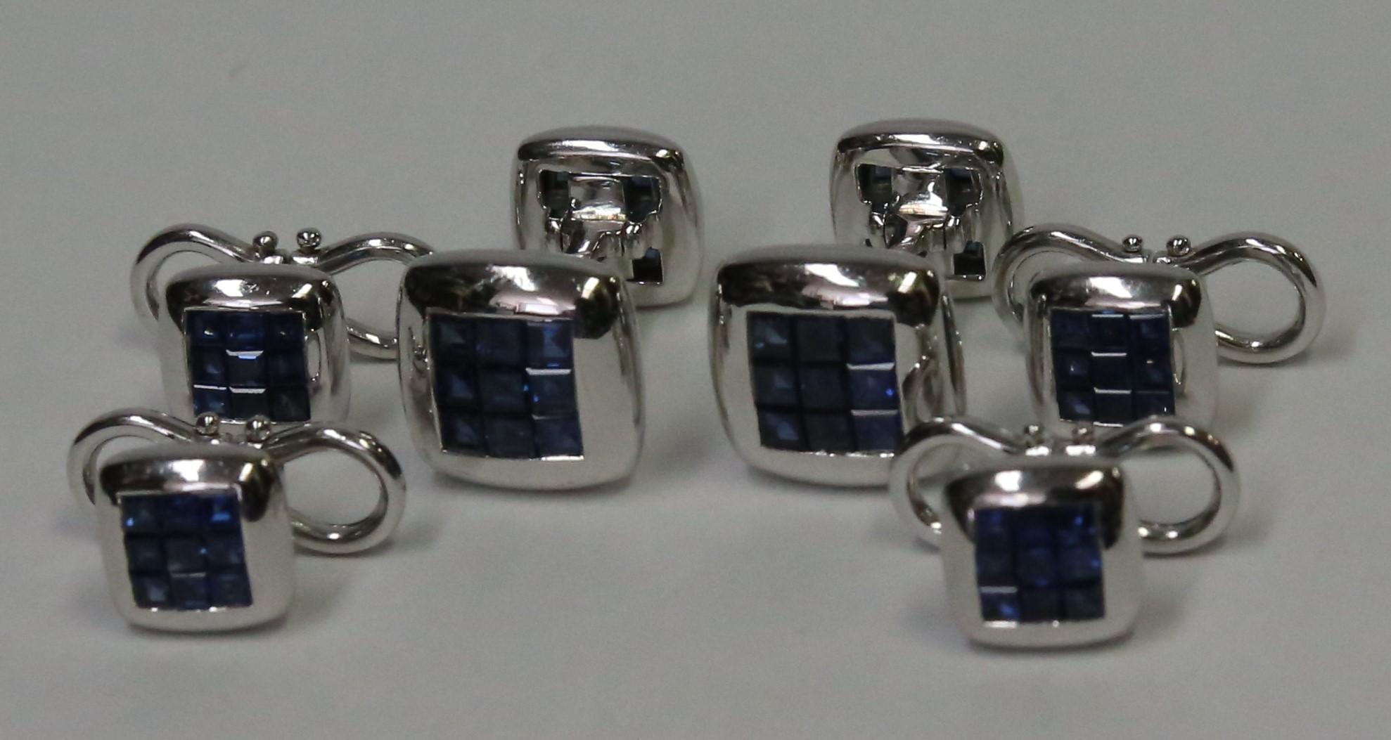 Women's or Men's Sapphire Gold Cufflink and Matching Shirt Stud Dress Set Estate Fine Jewelry