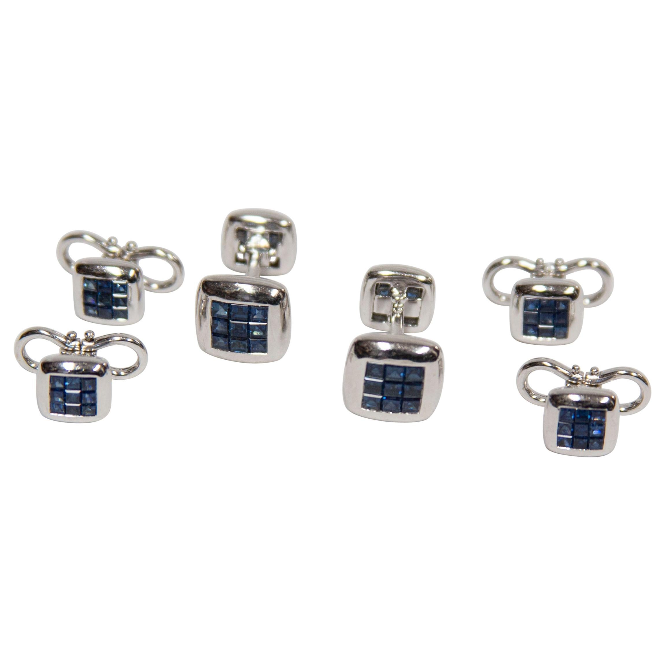 Sapphire Gold Cufflink and Matching Shirt Stud Dress Set Estate Fine Jewelry