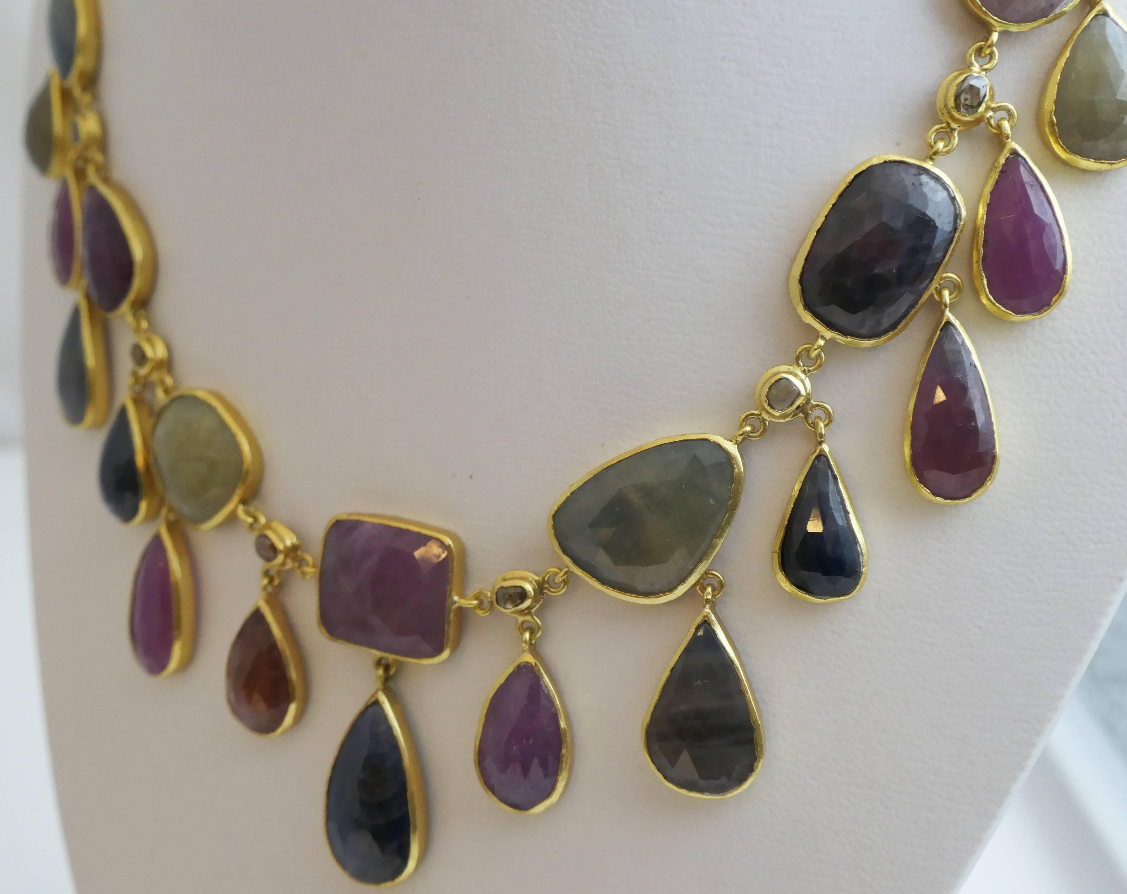 Mixed Cut Sapphire Gold Plated Sterling Silver Statement Necklace For Sale