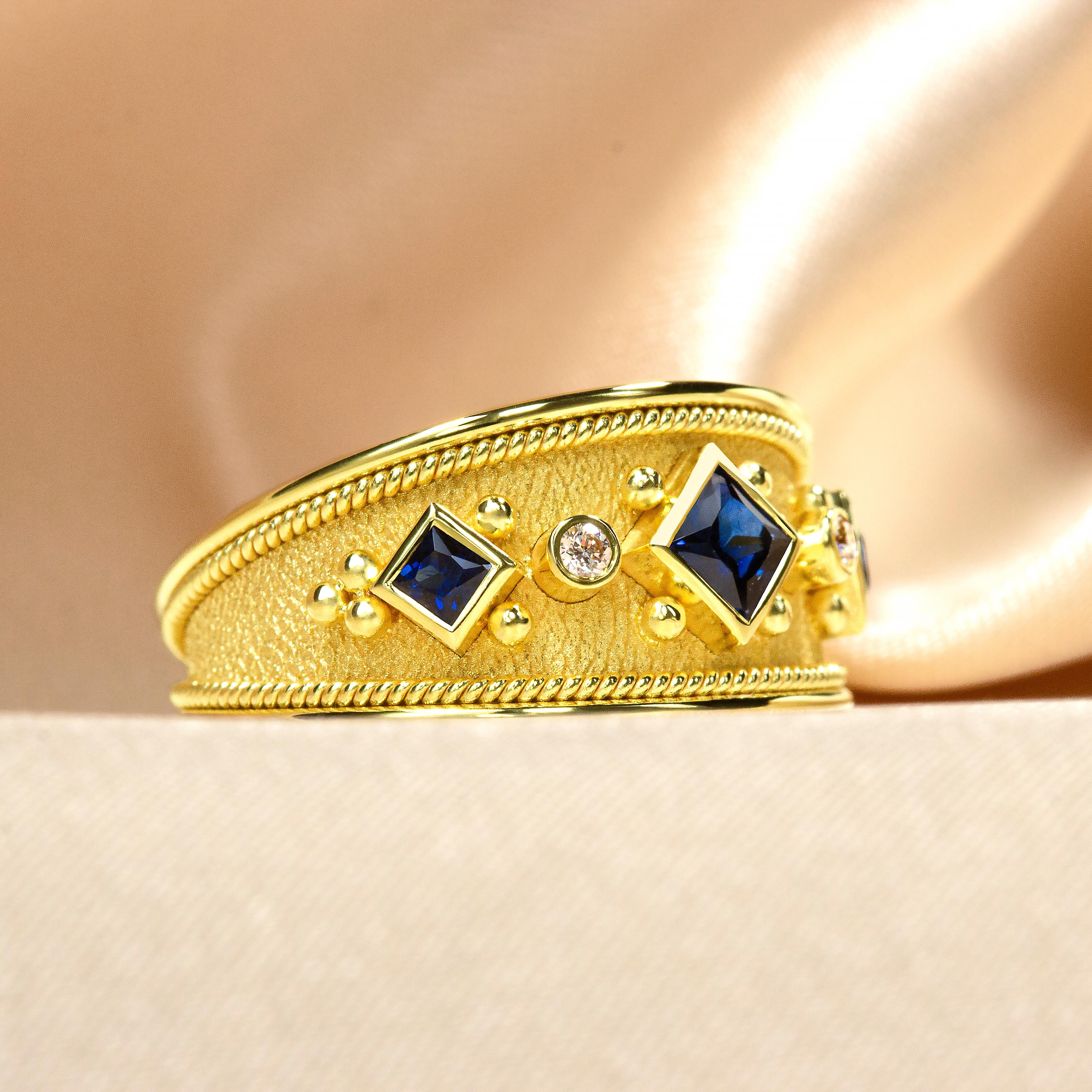 Princess Cut Sapphire Gold Ring with Diamonds For Sale