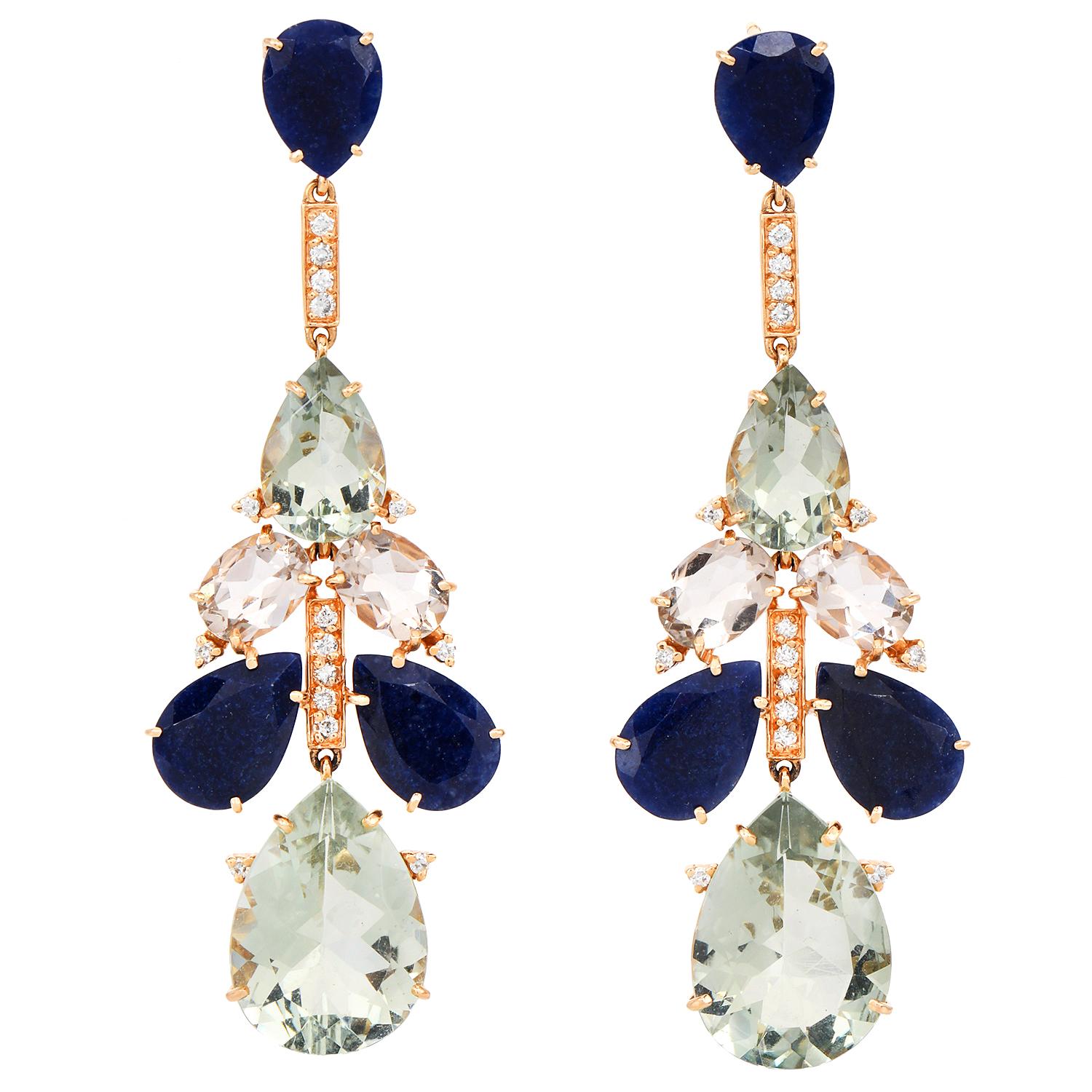 Look great with these celebrity chandelier earrings.

These long earrings are Crafted in solid 18K yellow gold, flower motif multi-dangle drop earrings. Set with 6 pear-shaped Blue sapphires weighing approx. 15.00 carats, 4 pear-shaped green