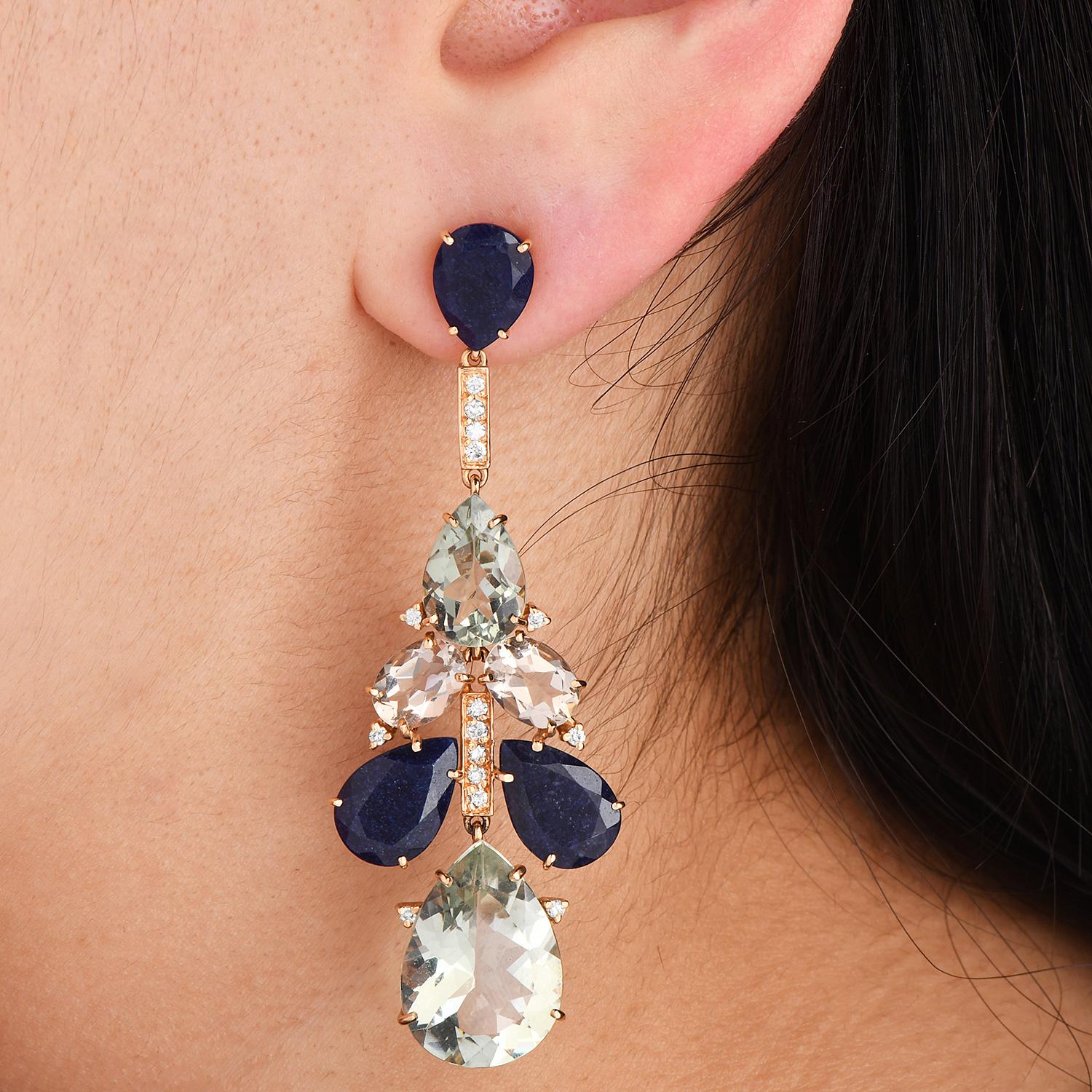 Artisan Sapphire Green Amethyst Diamond 18k Gold Chandelier Earrings For Sale