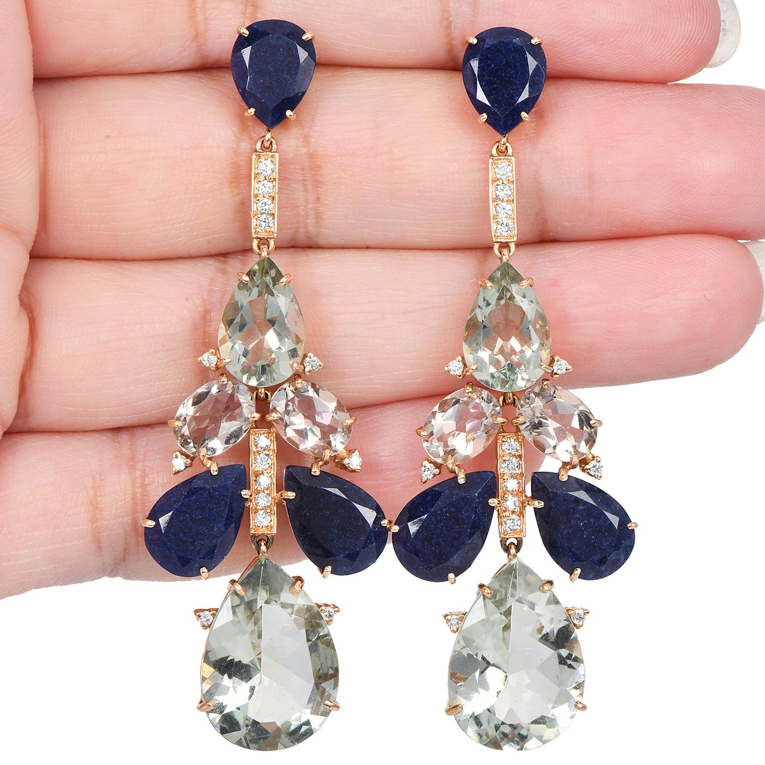 Pear Cut Sapphire Green Amethyst Diamond 18k Gold Chandelier Earrings For Sale