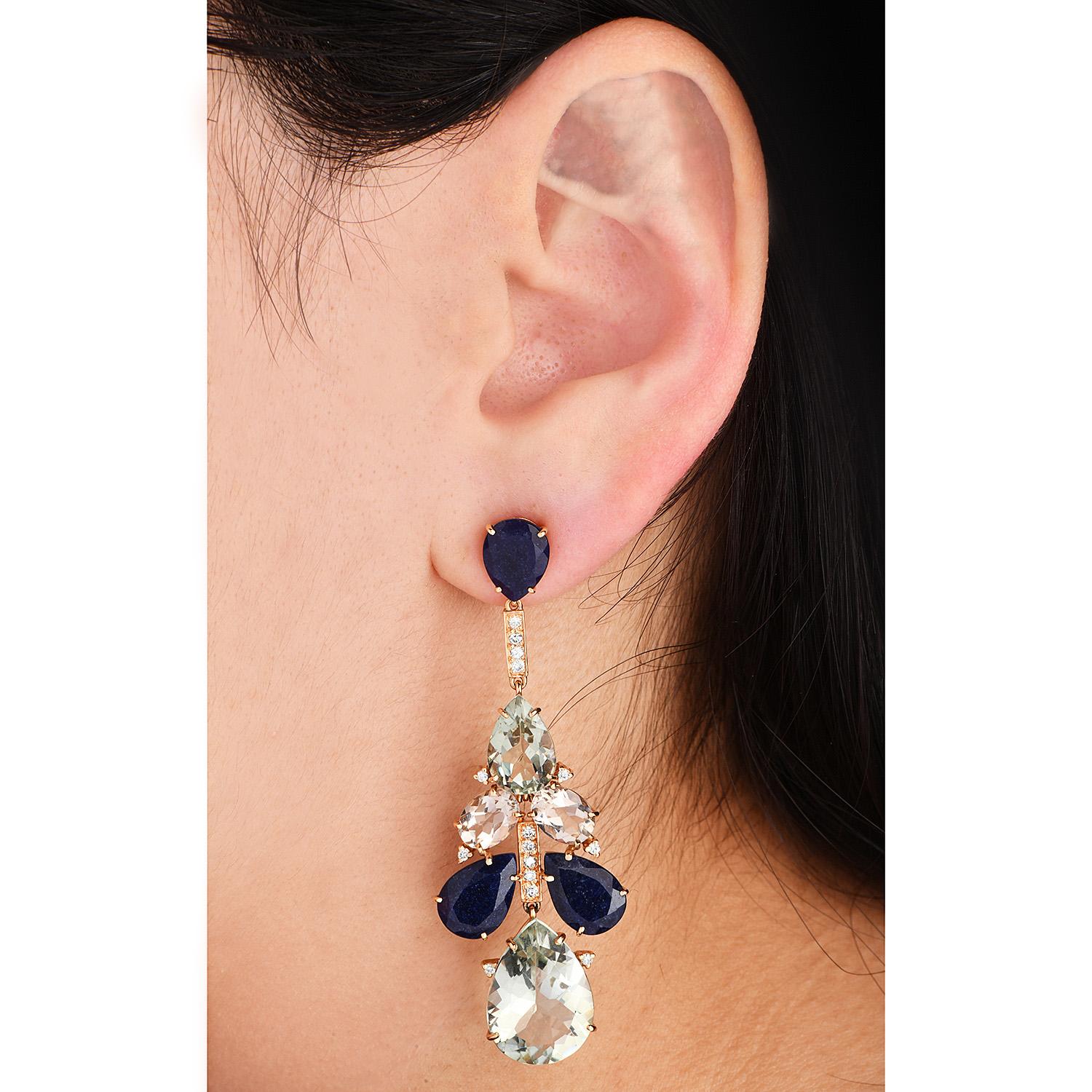 Sapphire Green Amethyst Diamond 18k Gold Chandelier Earrings In Excellent Condition For Sale In Miami, FL