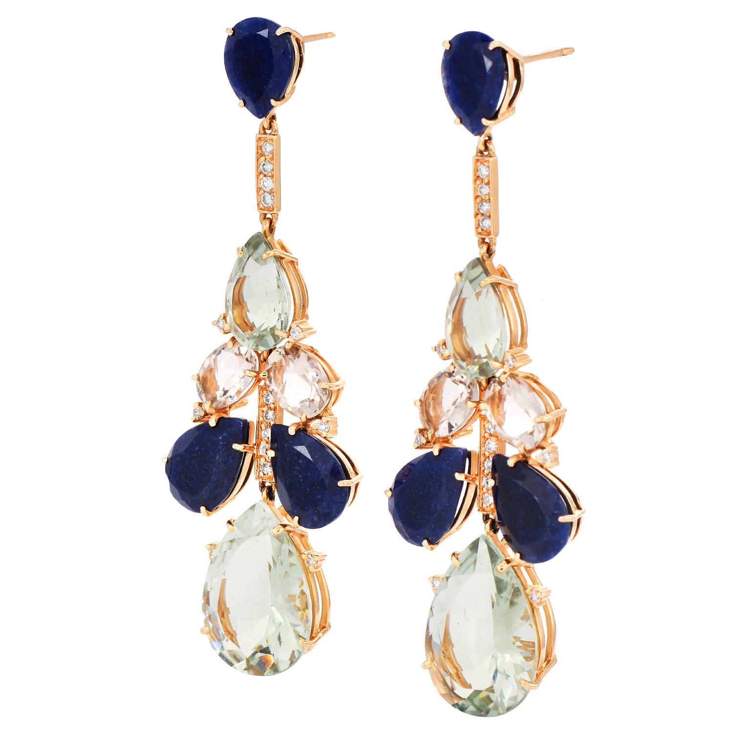 Boucles d'oreilles chandelier saphir, améthyste verte et diamant en or 18k Pour femmes en vente