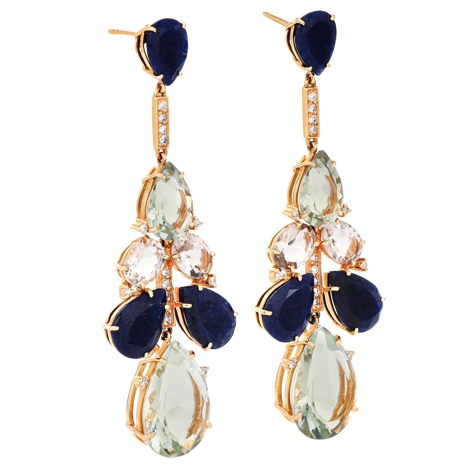 Sapphire Green Amethyst Diamond 18k Gold Chandelier Earrings For Sale 1