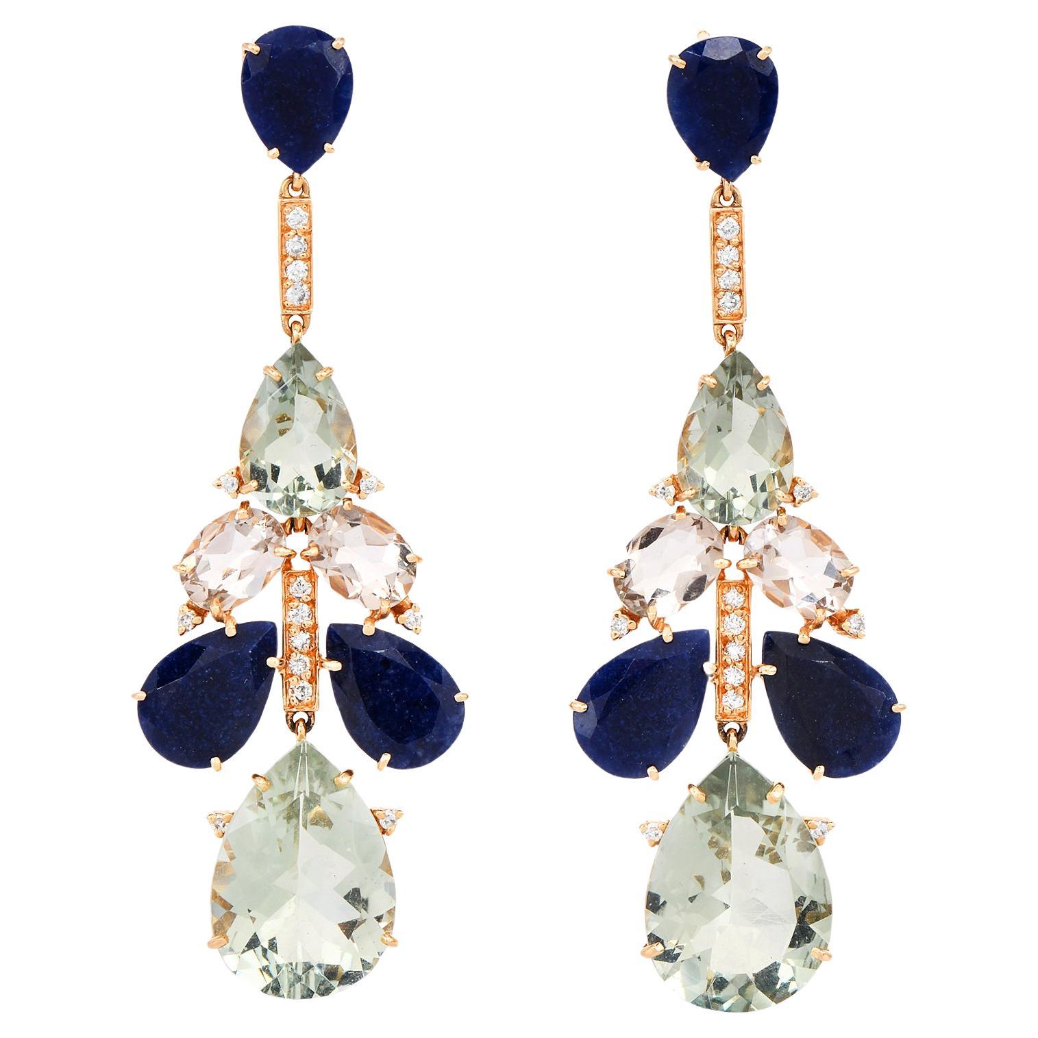 Sapphire Green Amethyst Diamond 18k Gold Chandelier Earrings For Sale