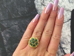 Sapphire Green Enamel Flowers Flower Ring Solid 18k Yellow Gold