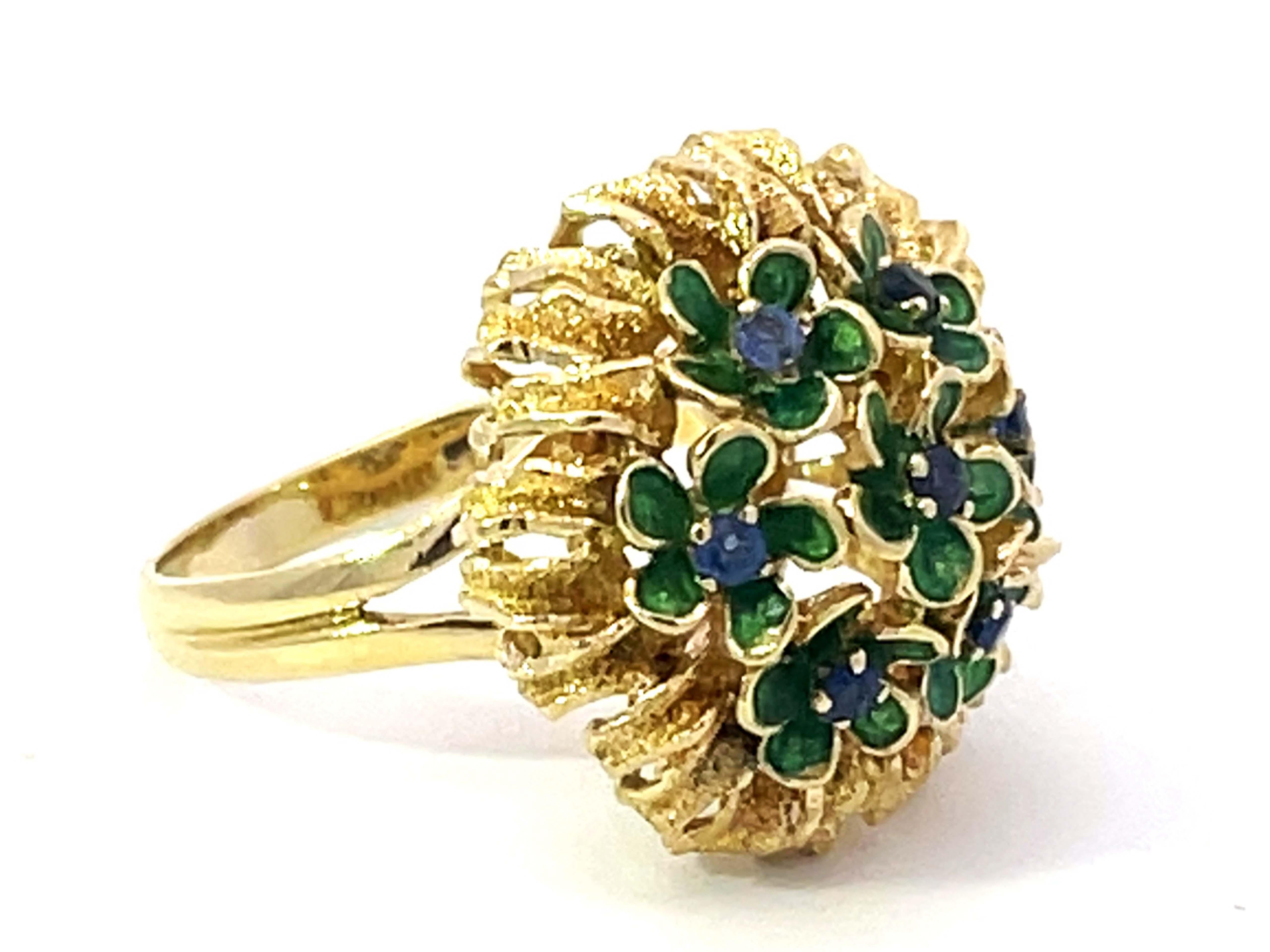 Modern Sapphire Green Enamel Flowers Flower Ring Solid 18k Yellow Gold For Sale