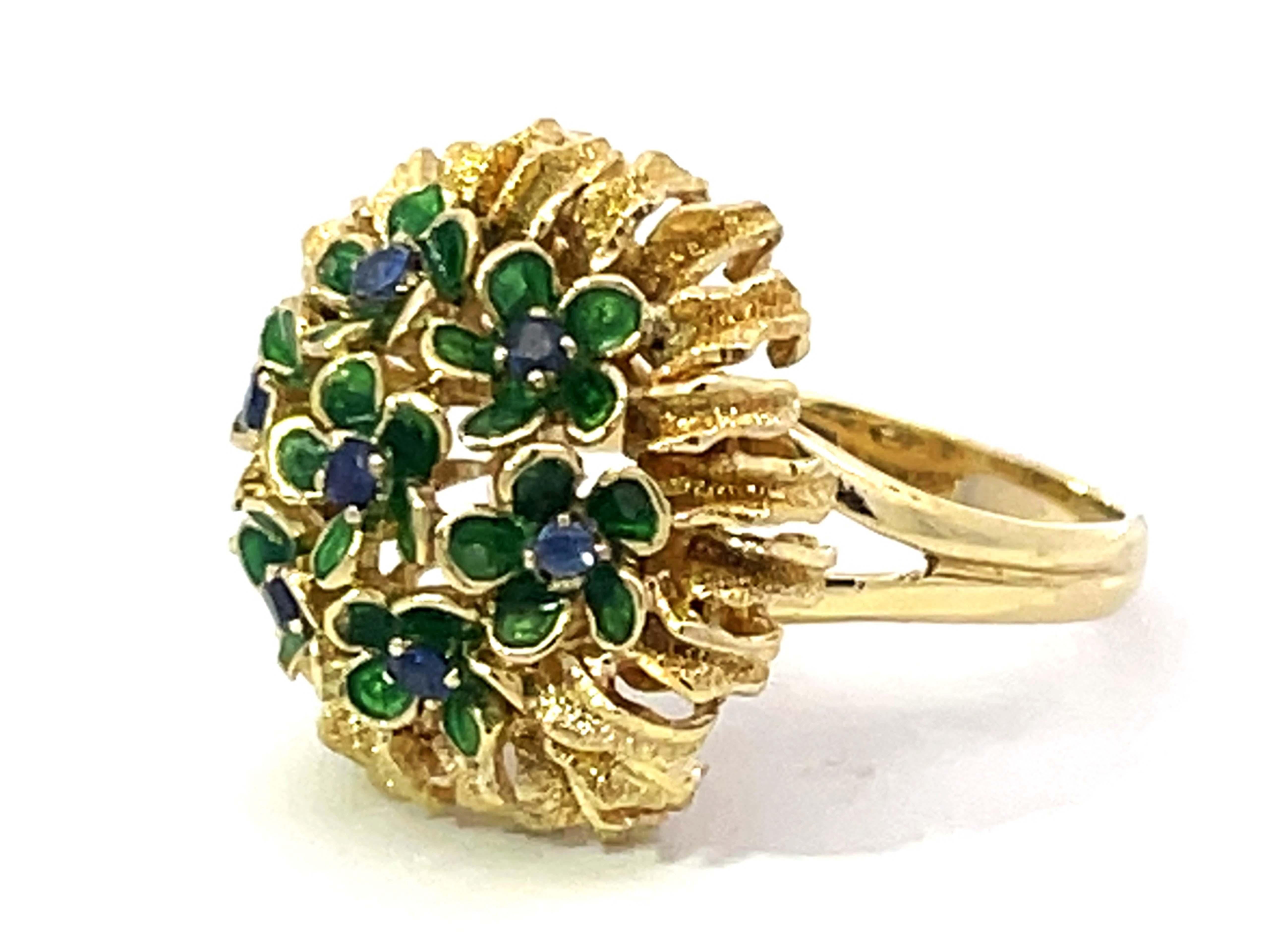 Round Cut Sapphire Green Enamel Flowers Flower Ring Solid 18k Yellow Gold For Sale