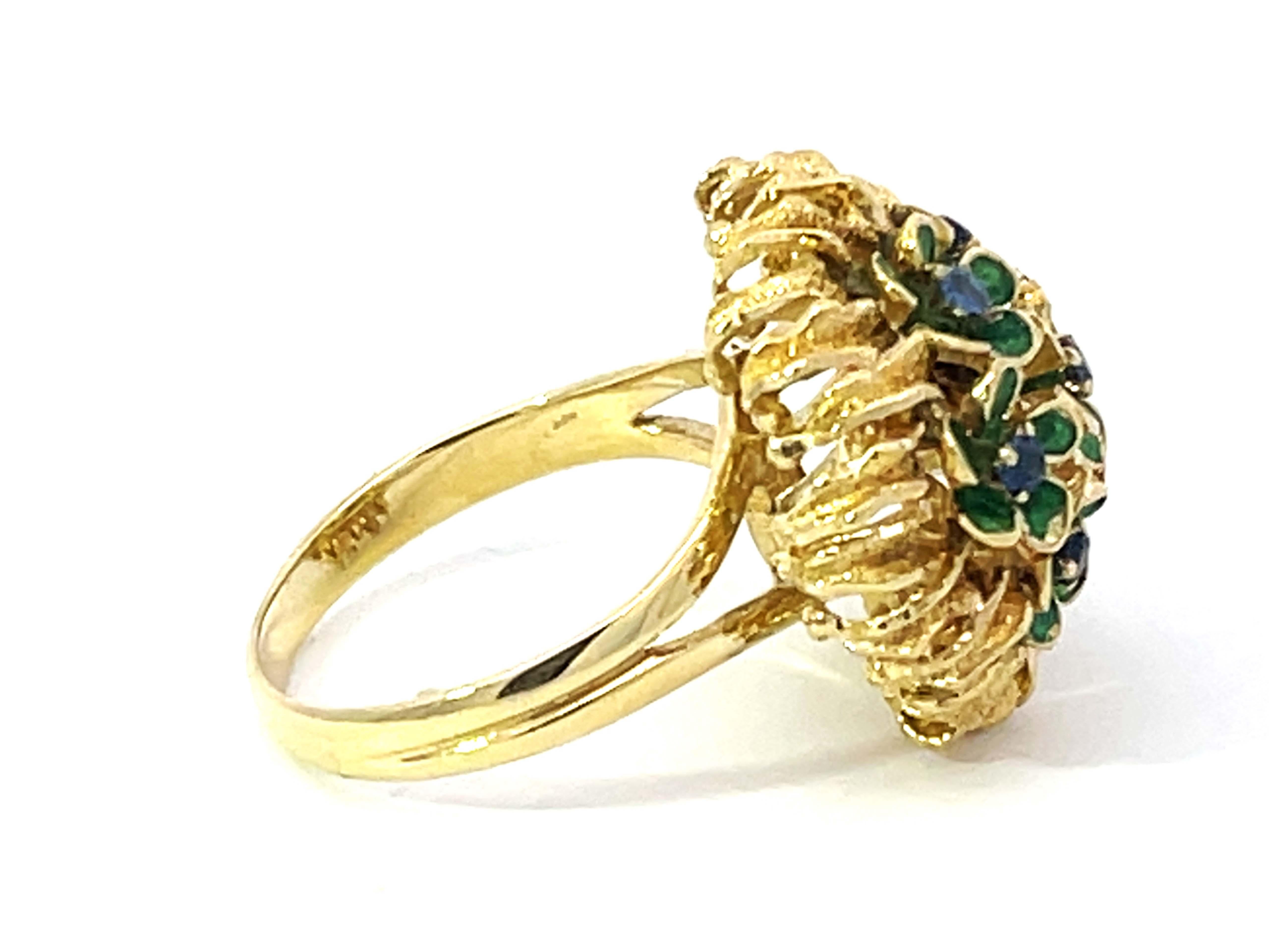 Sapphire Green Enamel Flowers Flower Ring Solid 18k Yellow Gold In Excellent Condition For Sale In Honolulu, HI