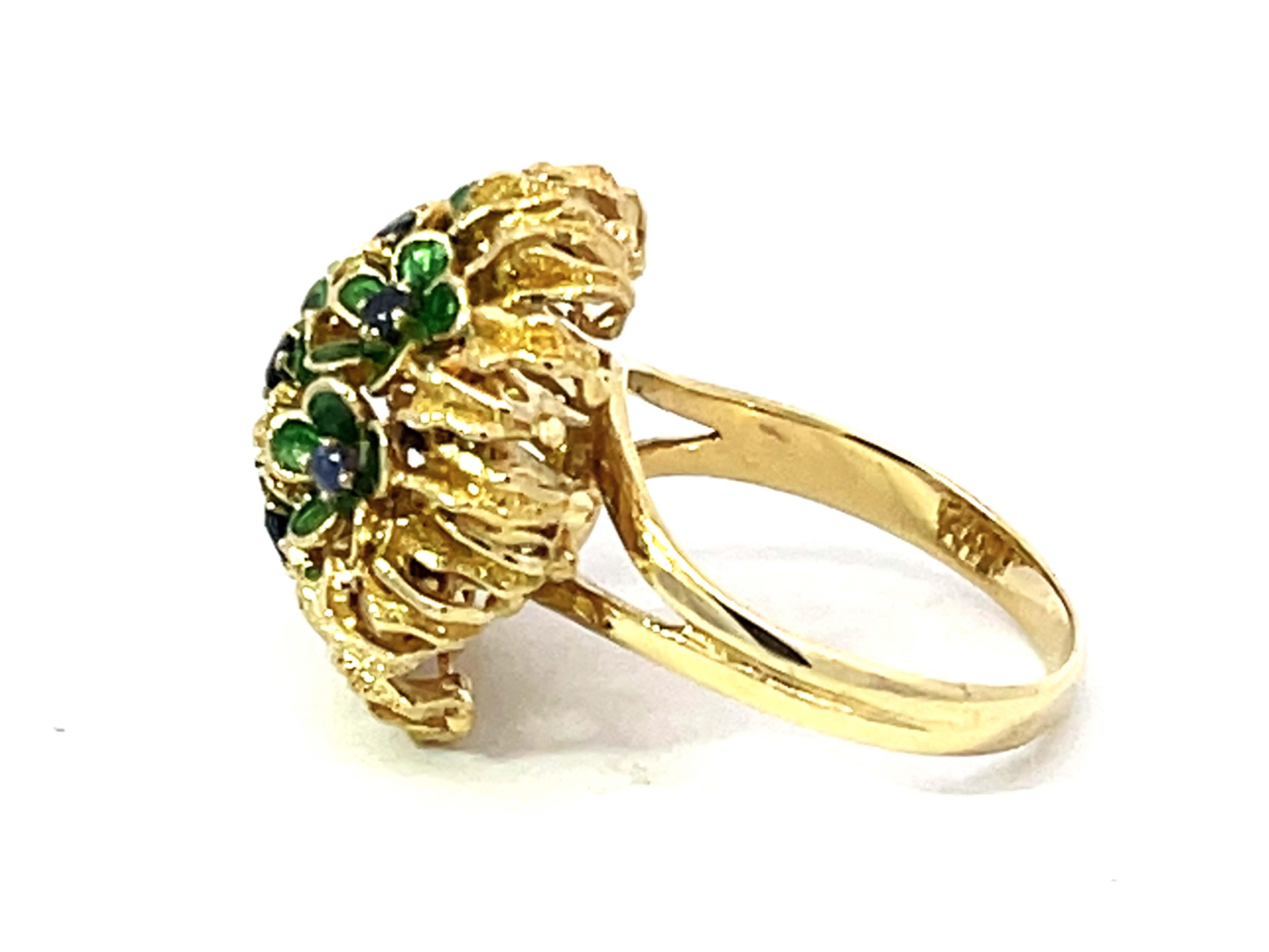 Women's or Men's Sapphire Green Enamel Flowers Flower Ring Solid 18k Yellow Gold For Sale