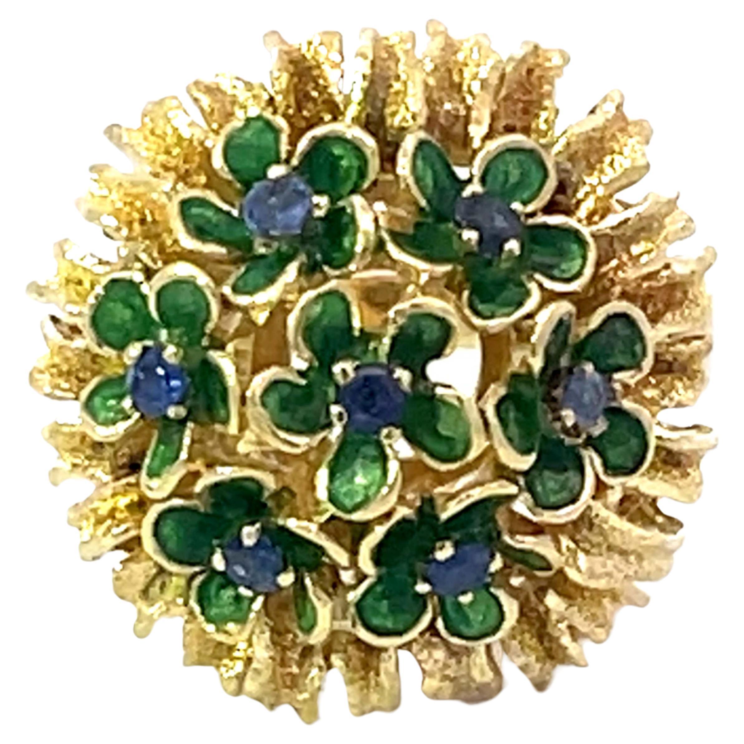 Sapphire Green Enamel Flowers Flower Ring Solid 18k Yellow Gold For Sale