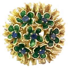 Antique Sapphire Green Enamel Flowers Flower Ring Solid 18k Yellow Gold