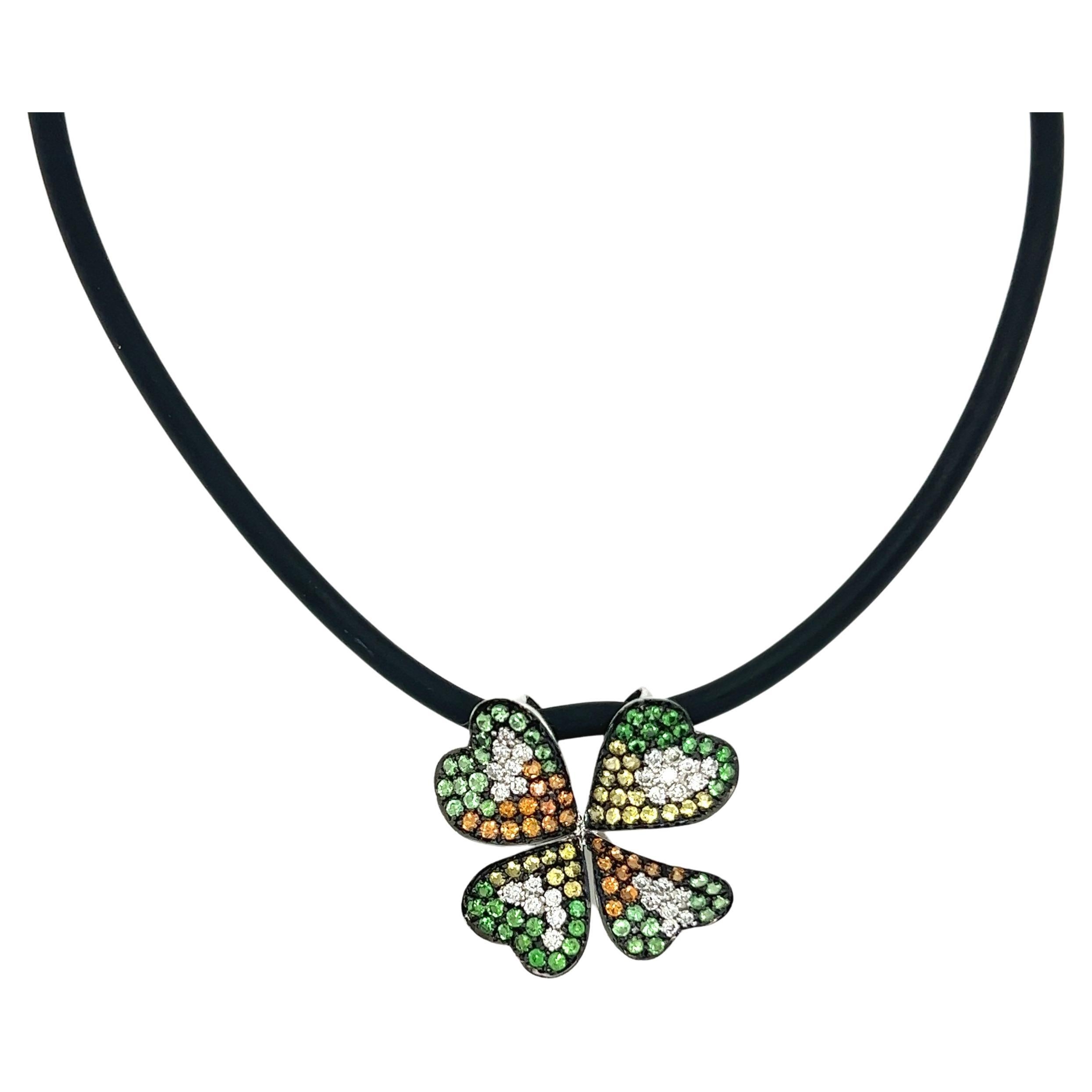 Sapphire, Green Garnet and Diamond Clover Necklace For Sale